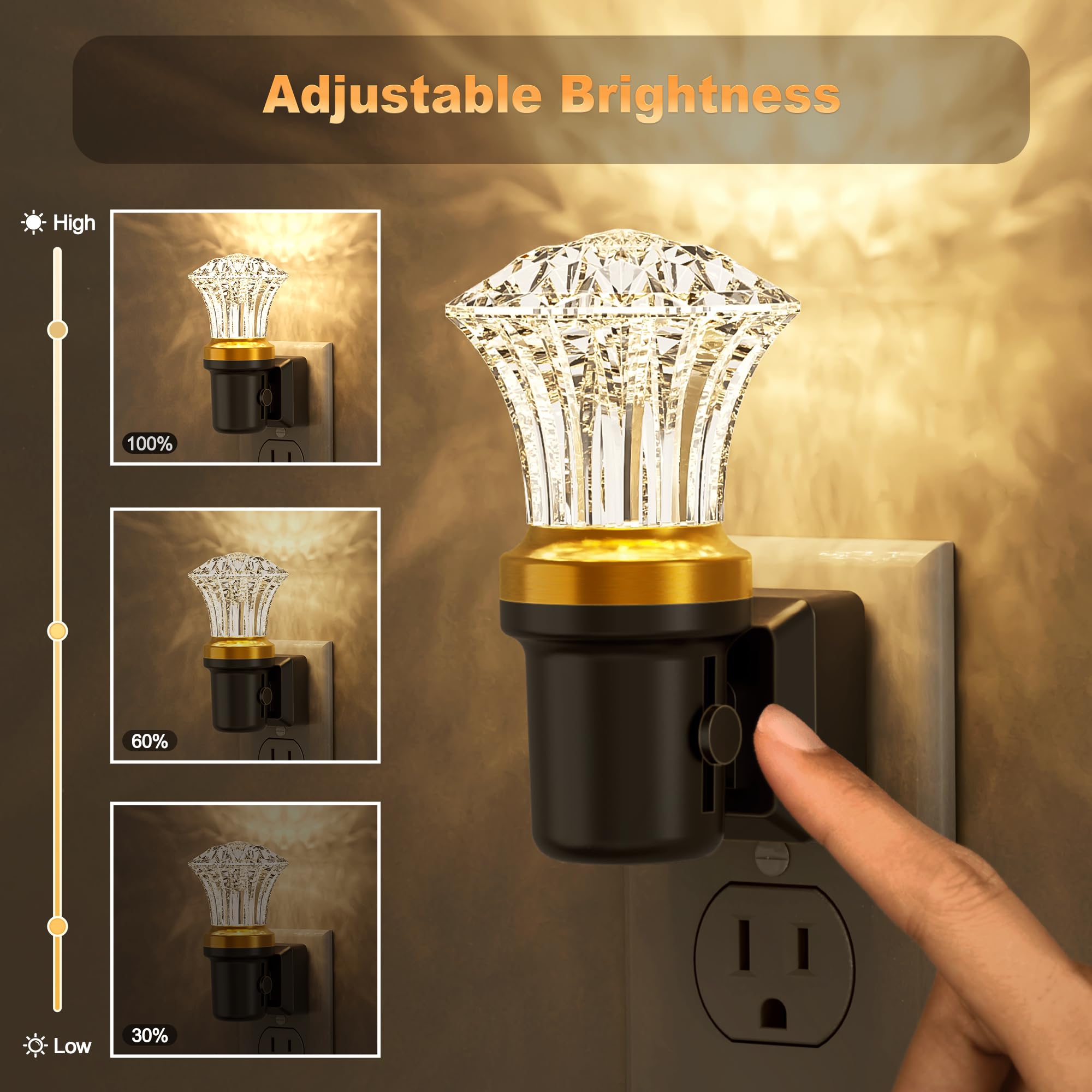 JandCase Dimmable Night Lights, 2 Pack, Auto Light Sensor, Adjustable Brightness, 3000K LED, Clear, Model C-GY22004DMUS-2