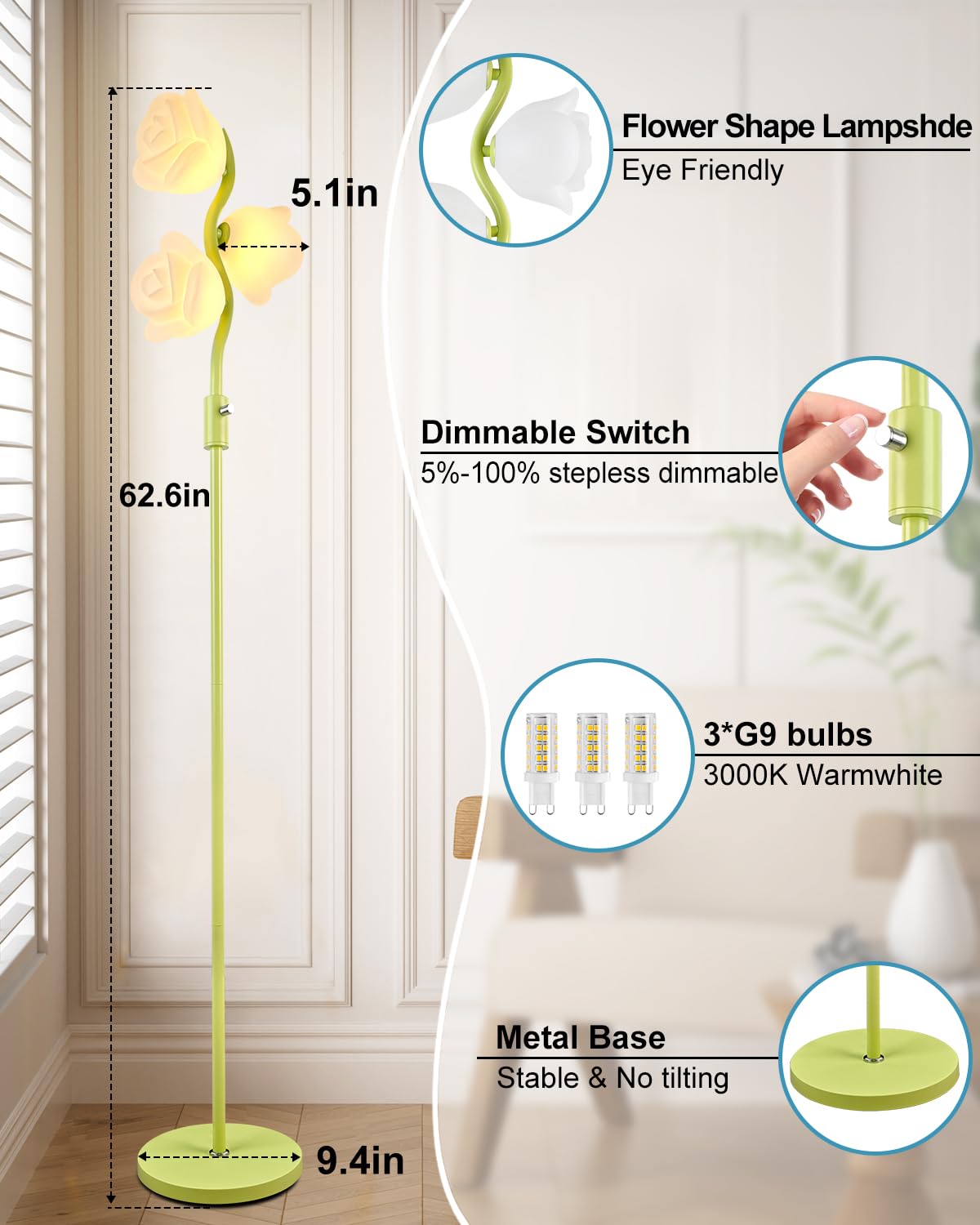 Lightdot 3-Light Flower Floor Lamp Stepless Dimmable Modern Mid Century Standing Lamp With 3Pcs 3000K G9 Bulbs Unique Cute Green