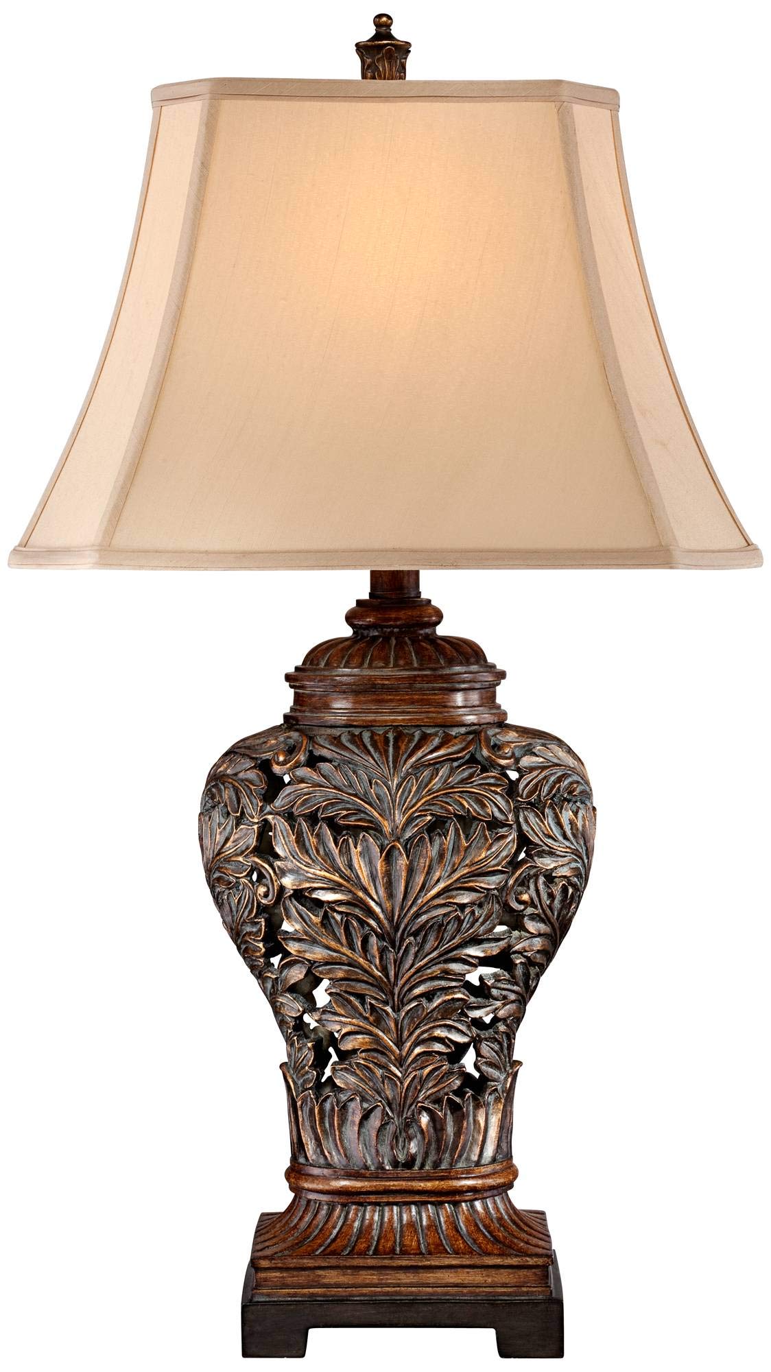 Barnes and Ivy Leafwork Vase Table Lamp - 32.5" Tall, Brown Wood Finish, Tan Shade, Traditional Style for Living Room, Bedroom, Office