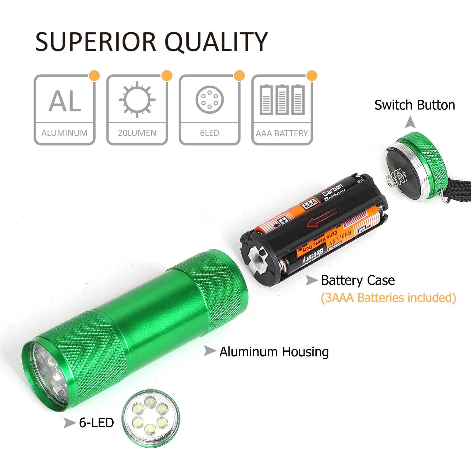 FASTPRO 20-Pack Aluminum Flashlights Set, 6-LED, Black, Model F00800, Lanyard & AAA Batteries Included