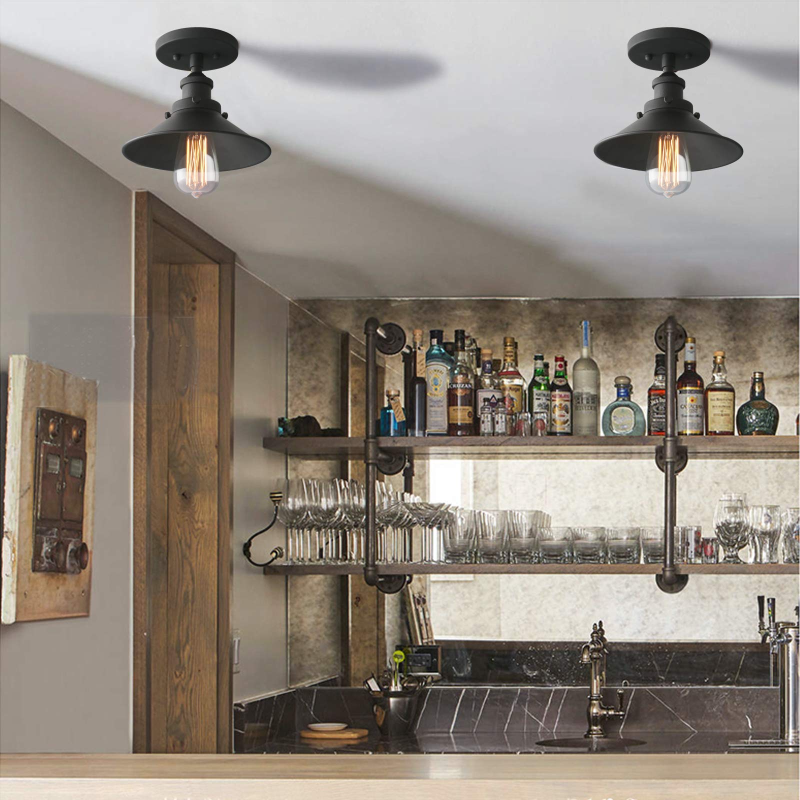 Pathson Vintage Ceiling Light With Metal Shade, Farmhouse Ceiling Lamp Fixtures For Hallway Loft Kitchen Bar, Matte Black Semi-F