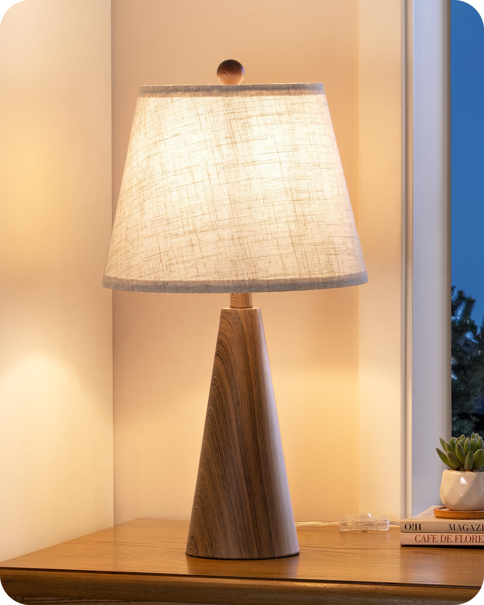 EDISHINE 21.85 Farmhouse Table Lamp, Rustic Bedside Lamp, Water Transfer Walnut Wood Grain Metal Base, Beige Linen Shade, Minima