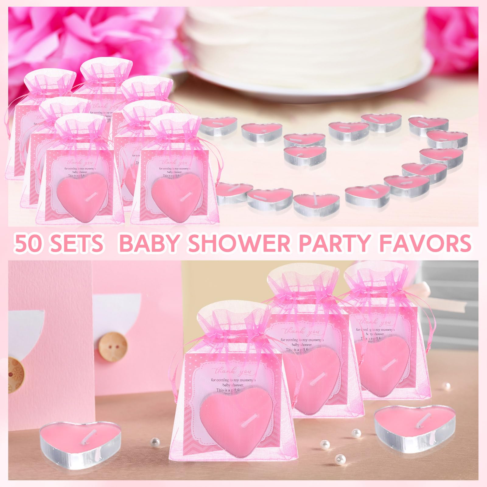 Threlaco 50 Sets Baby Shower Party Favor for Guest Include 50 Valentine's Day Heart Shaped Tealight Candle 50 Thank You Card 50