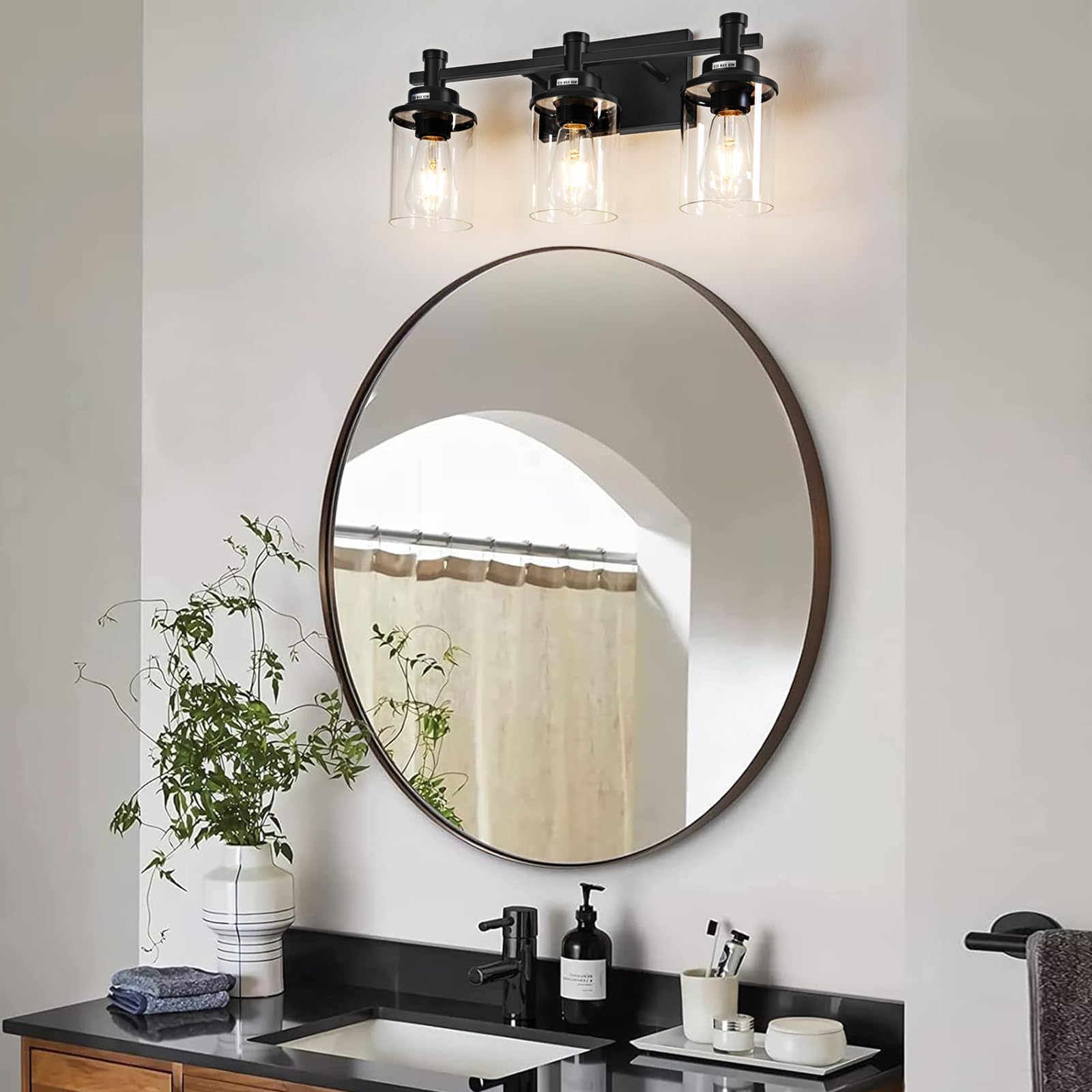 Aixialin 3 Light Bathroom Light Fixtures, Modern Black Vanity Lights Over Mirror, Wall Sconce With Clear Glass Shade And Metal B