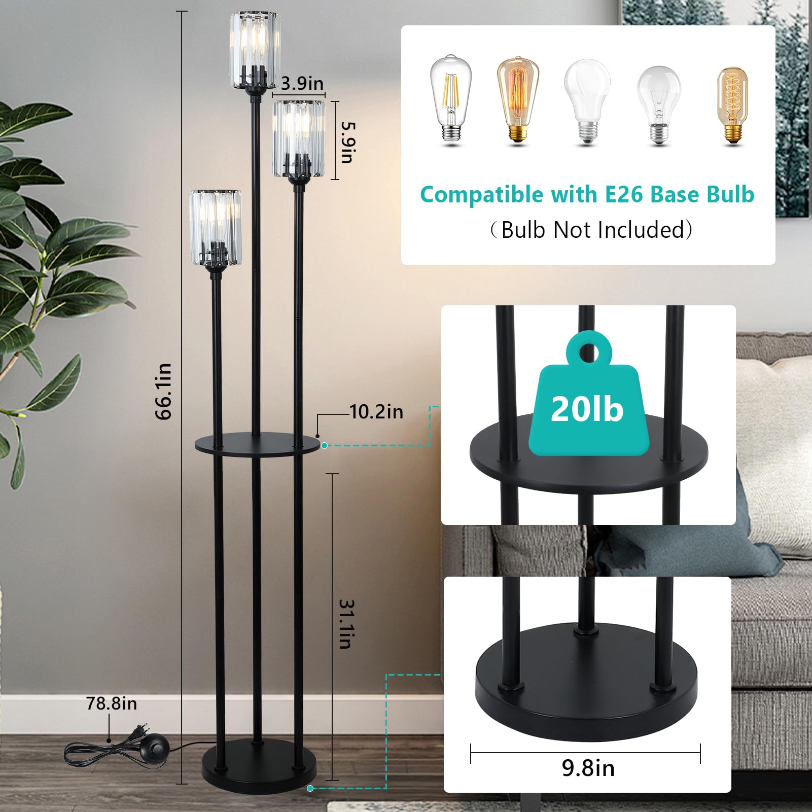 Hmvpl Floor Lamps For Living Room, Gold Floor Lamp With Shelves, 3-Lights Modern Brass Standing Lamp With Glass Shades, On/Off F