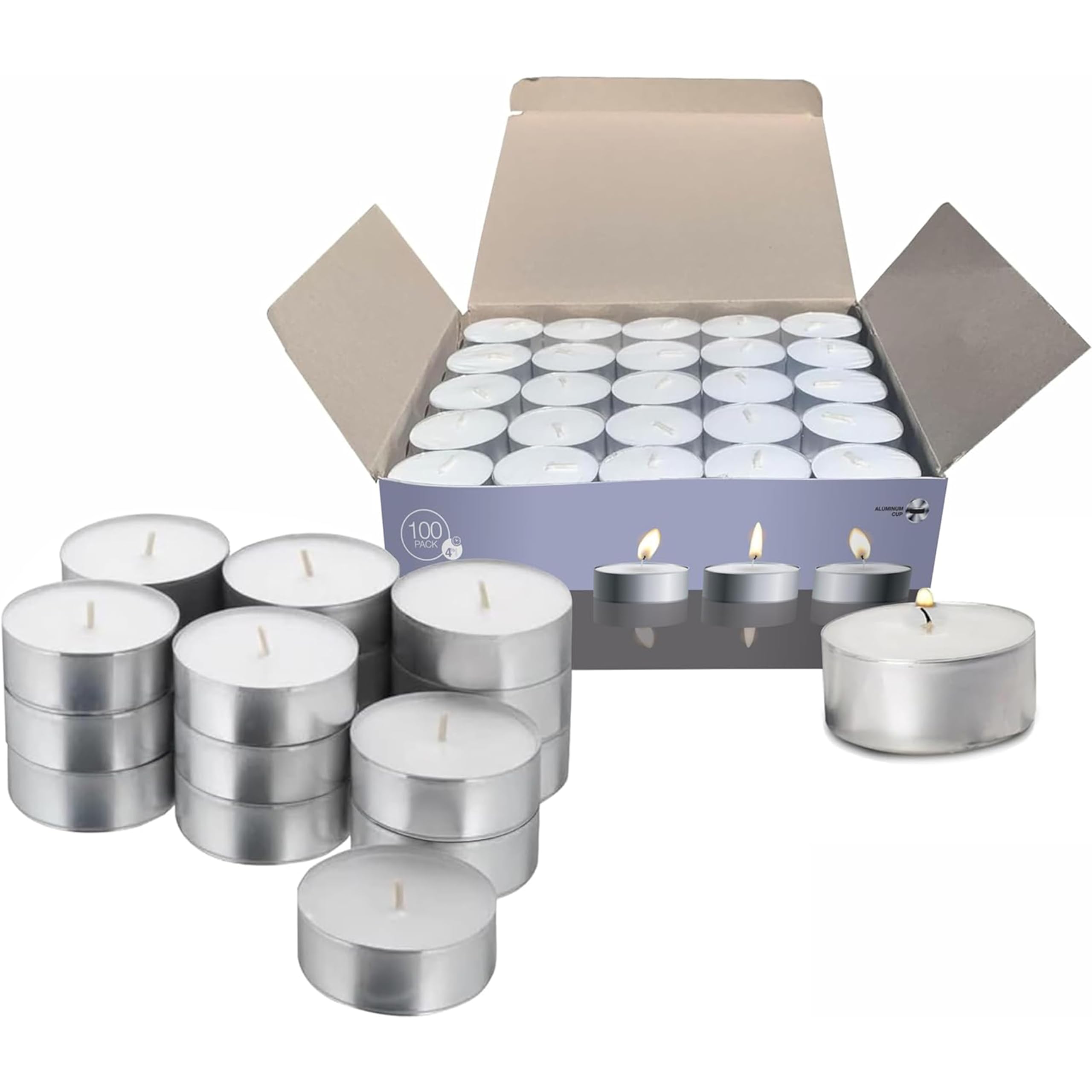 Parnoo White Tea Light Candles, 100 Pcs – 4.5-Hour Long Burn Time Small Candles, No Soot, Unscented With Cotton Wick In Metal Cups – Bulk Pack Of Candles For Romantic Dinners, Weddings, Spas, & Hotels