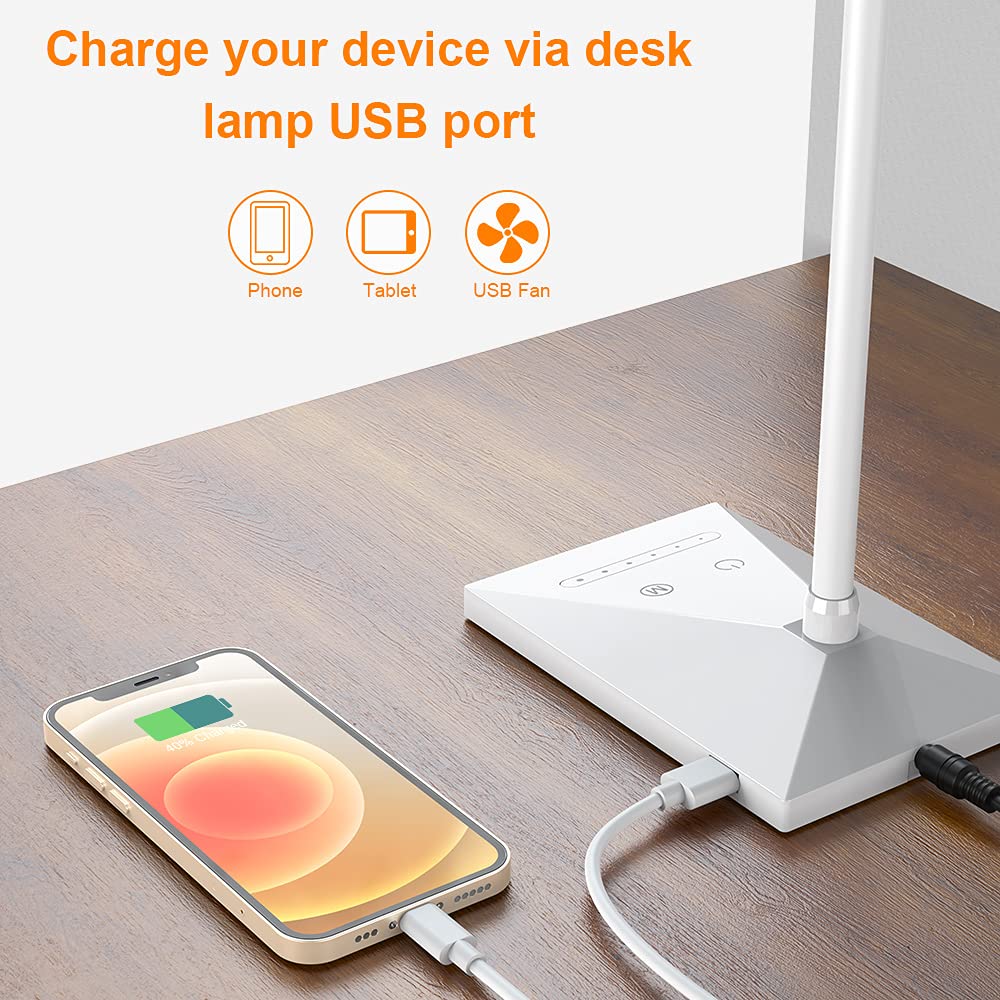 Vansuny LED Desk Lamp - 5 Color Modes, 6 Brightness Levels, Touch Control, Eye-Caring, White, with USB Charging Port for Office & Bedroom