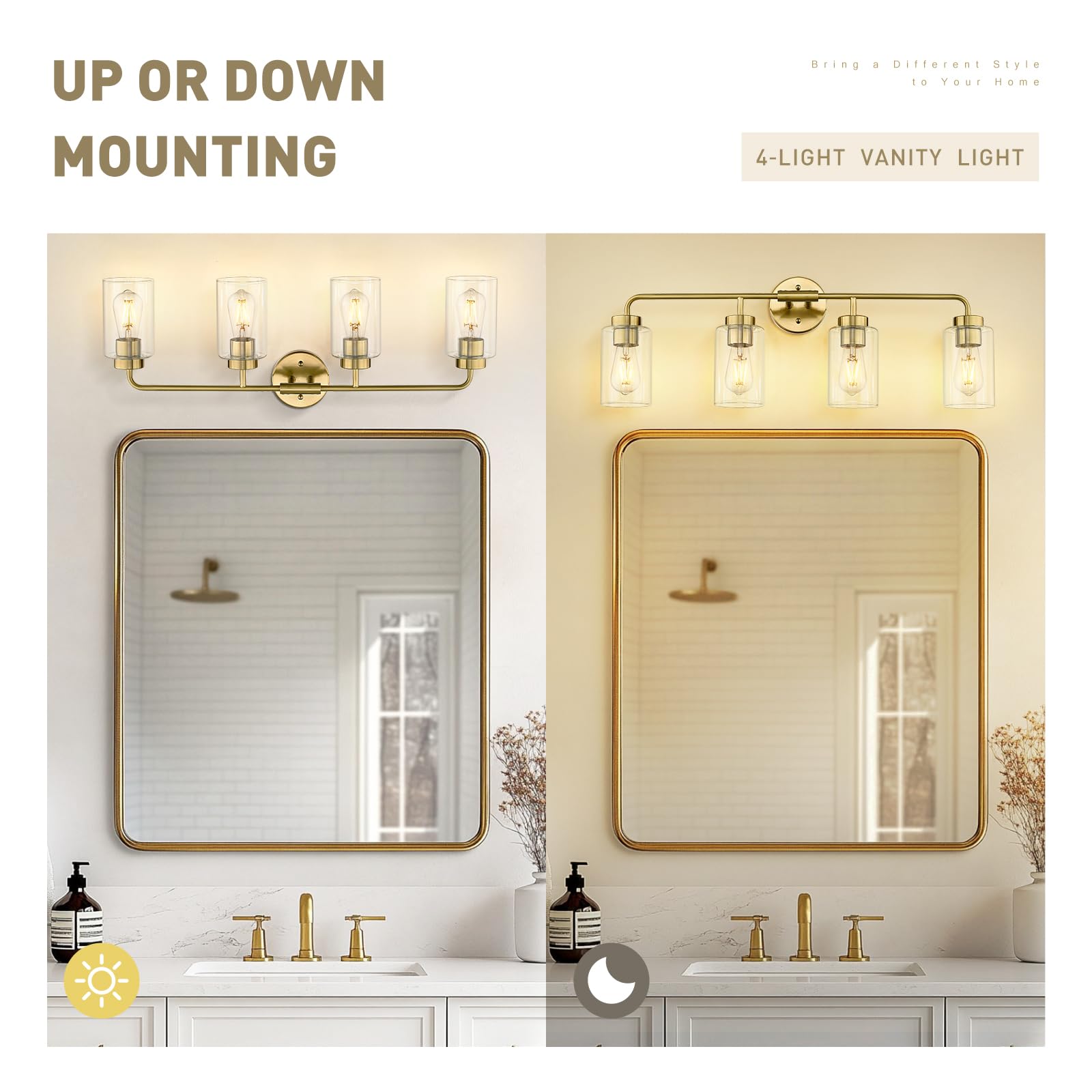 Zeyu 4-Light Bathroom Light Fixtures  Gold Vanity Lights For Bathroom  31 Inch Wall Sconce Lighting  Brushed Gold Finish  Clear Glass Finish  Zs62B-4W Bg