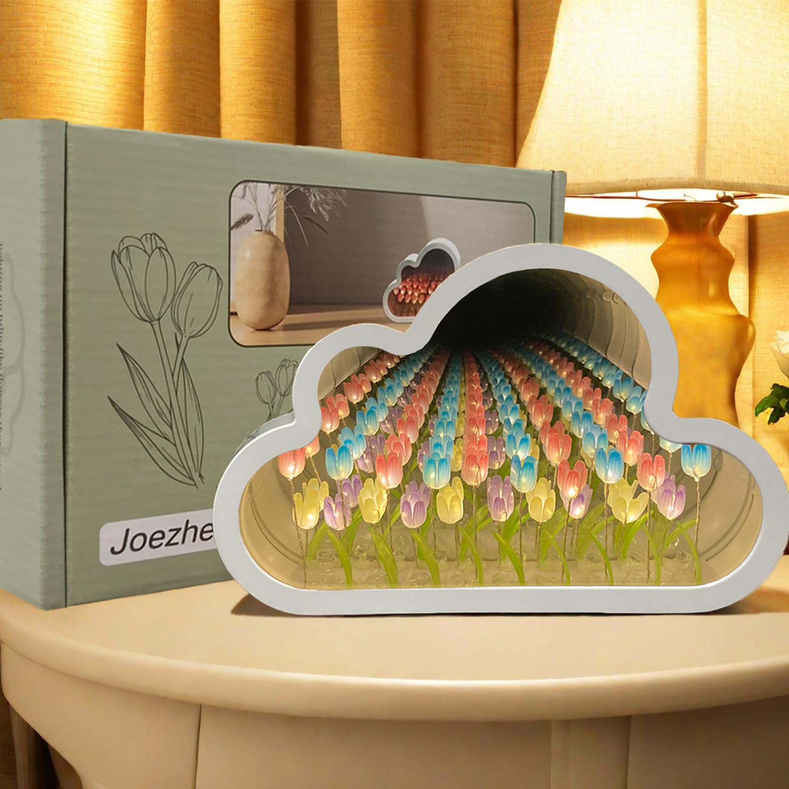 Joezhe Colorful Tulip Night Light Cloud Mirror Light Romantic Night Lamp Bedside Table Lamp Bedroom Desktop Handmade Decor Girls Birthday Christmas Gift - Rainbow