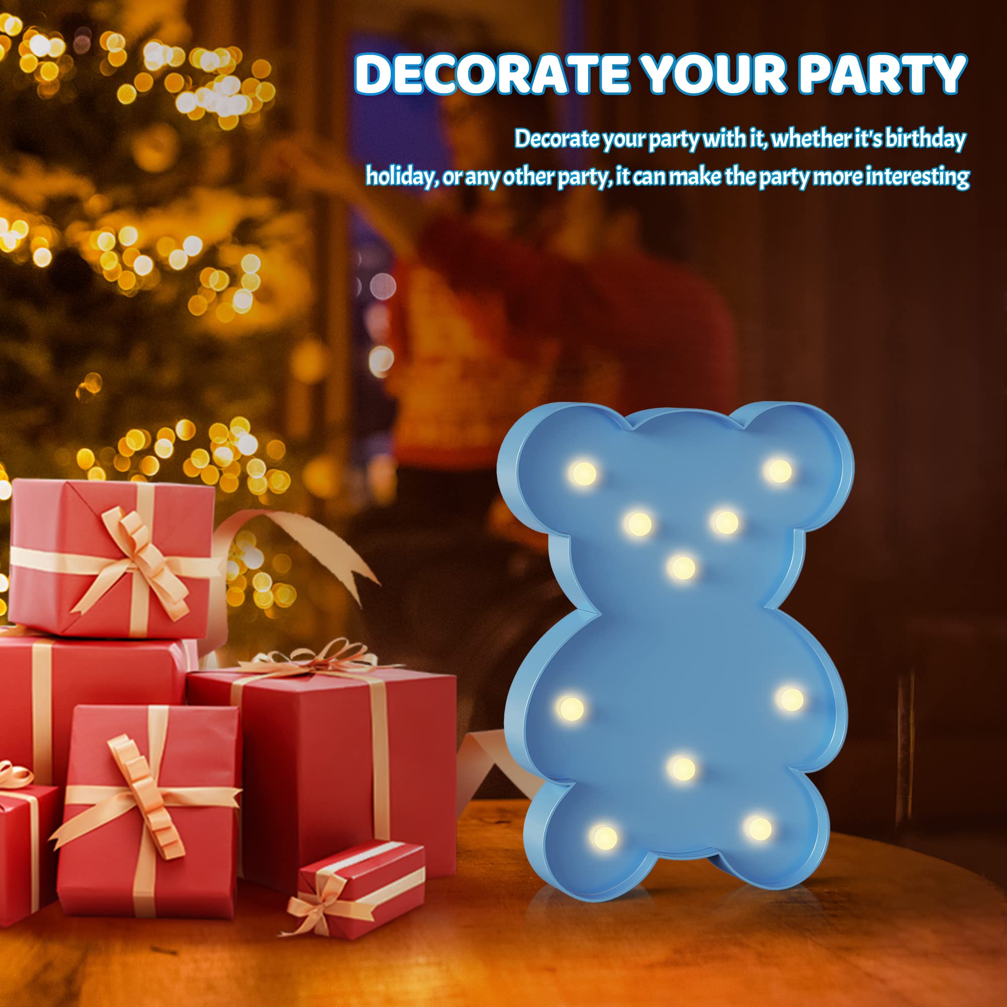 Ganrami Blue Bear Decor, Battery Powered Bear Night Light for Kids, Pink Party Decorations, Baby Night Light for Bedroom, Toddle