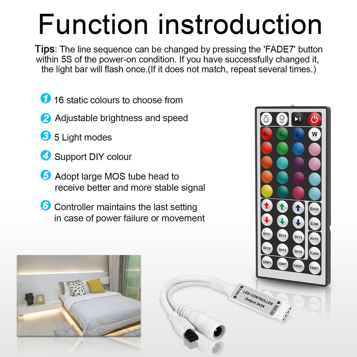 44 Button Led Remote VIPMOON 44 Key IR RGB LED Strip Light Remote Controller, 5V-24V, Wirel ...