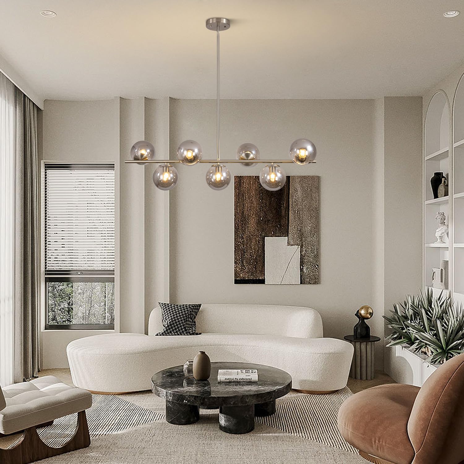 KCO Mid Century Modern 7-Light Chandelier Brushed Nickel Smoke Gray Glass Globe Adjustable Model L1043-SG