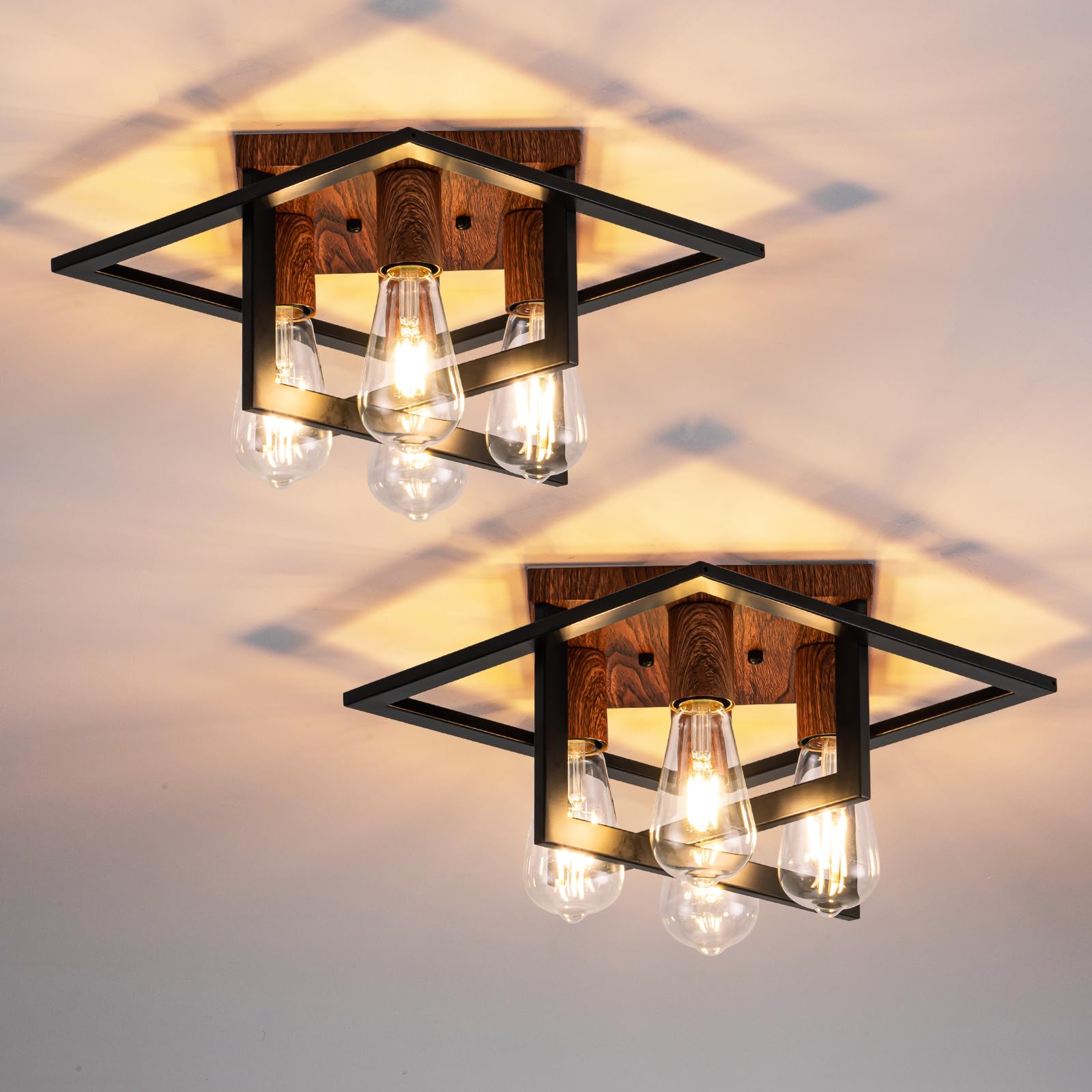 fengkeDU 2 Pcs 4 Light Farmhouse Ceiling Light Fixture Black Wood Industrial Flush Mount Ceiling Lamp Hallway Light Fixture Clos