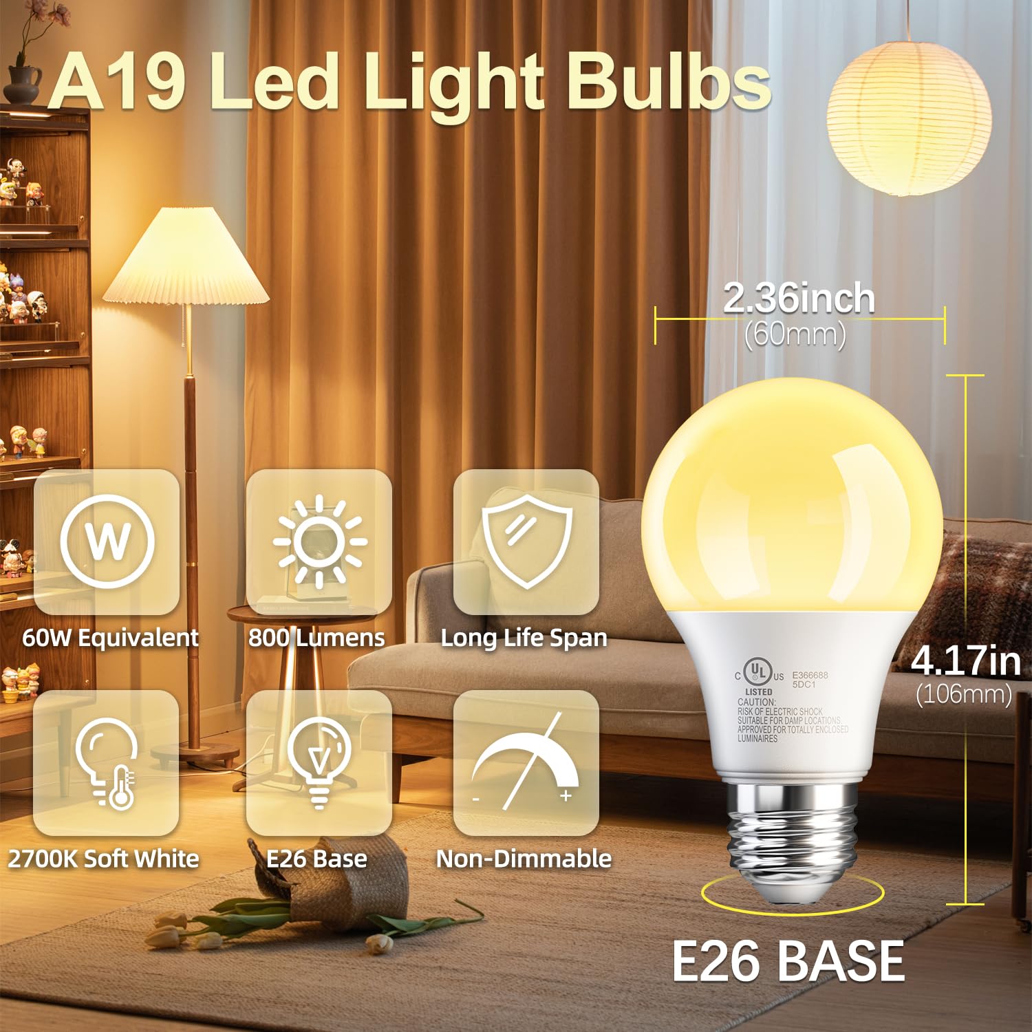 Tjoy 6 Pack A19 Led Light Bulbs, 60 Watt Equivalent Led Bulb, Soft Warm White 2700K, Efficient 9W, E26 Standard Base, Non Dimmable Energy Saving Lightbulb, 800Lm, 80 Cri, 120V, Ul Listed