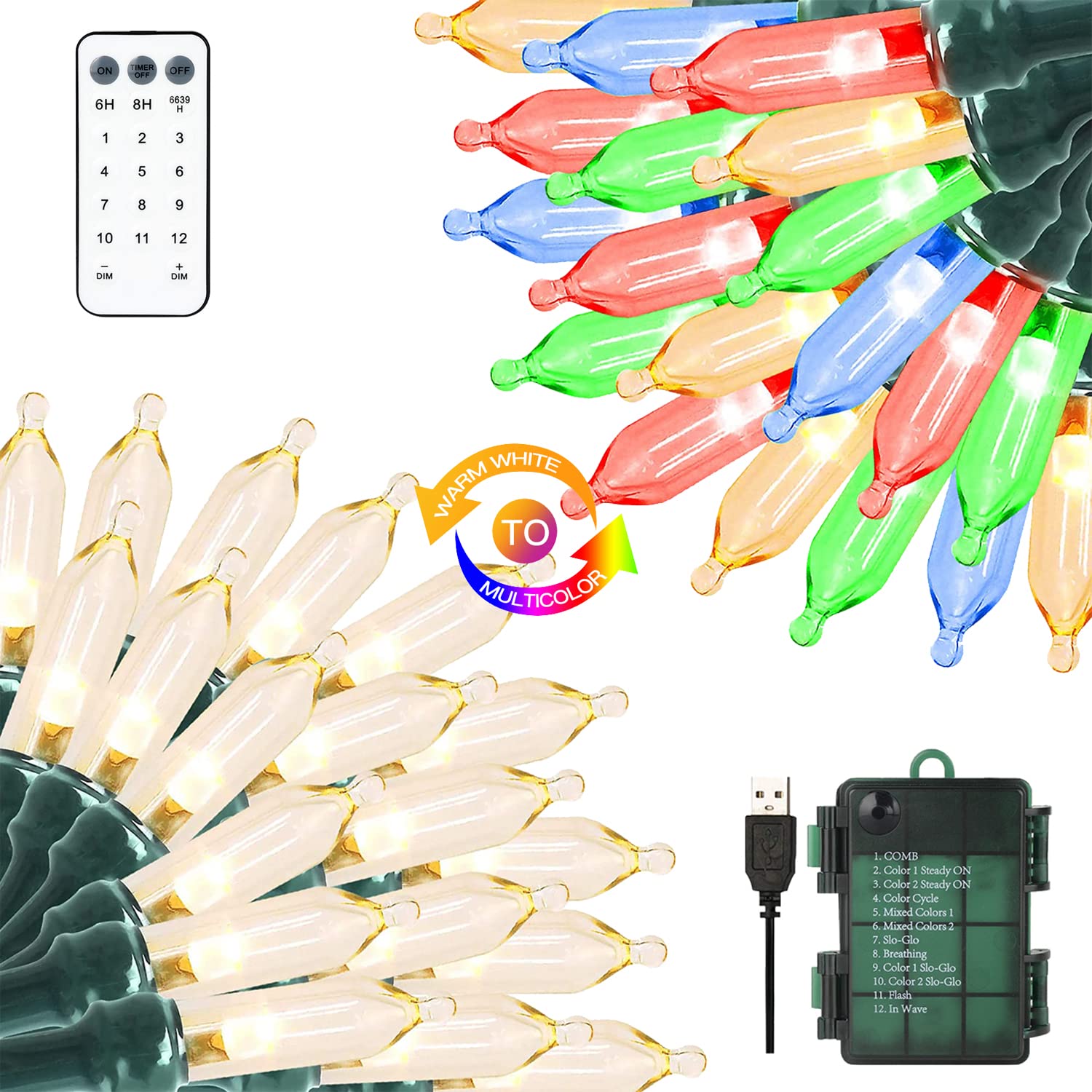 VTECHOLOGY Warm White to Multicolor Christmas Lights 33ft 100 LED Outdoor String Lights 8 Modes with Timer Battery Powered IP65 