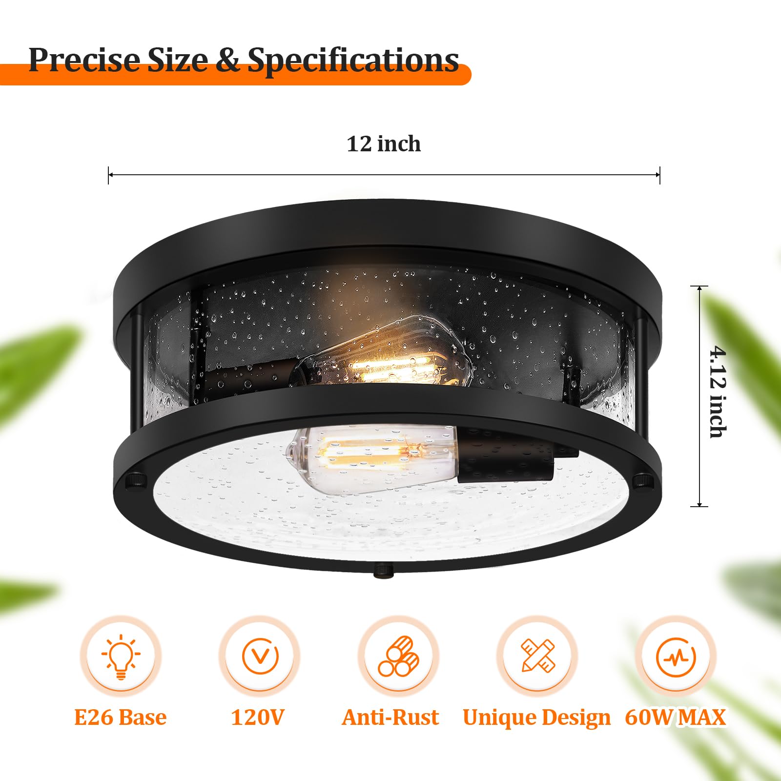 Black Flush Mount Ceiling Light Fixture, Farmhouse Light Fixture With Seeded Glass Lampshade, 2-Light Industrial Close To Ceilin