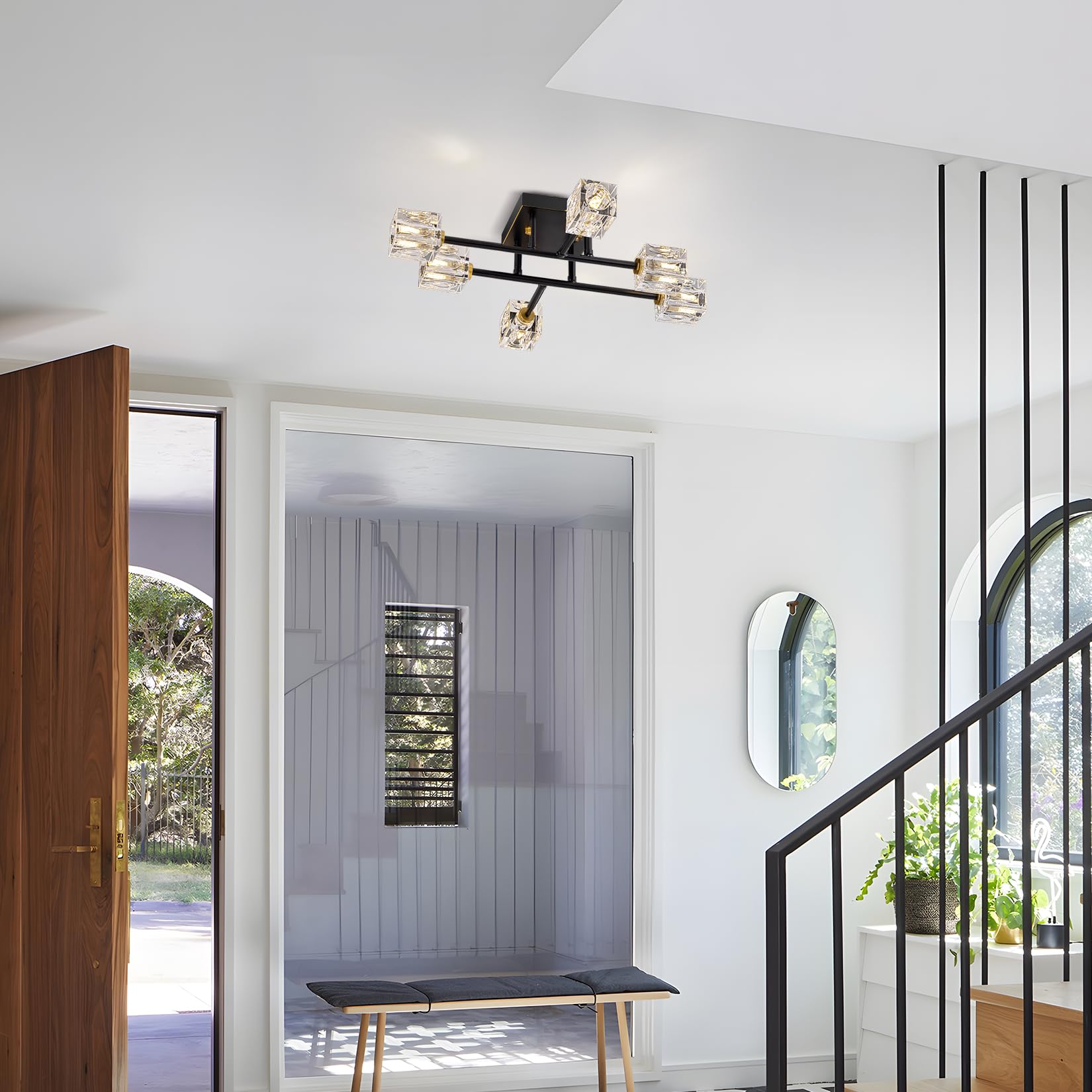 Semi Flush Mount Ceiling Light Fixture 6-Light Modern Crystal Chandeliers Black And Gold Farmhouse Lighting Fixtures For Dining Room Living Room Kitchen Bedroom Entryway