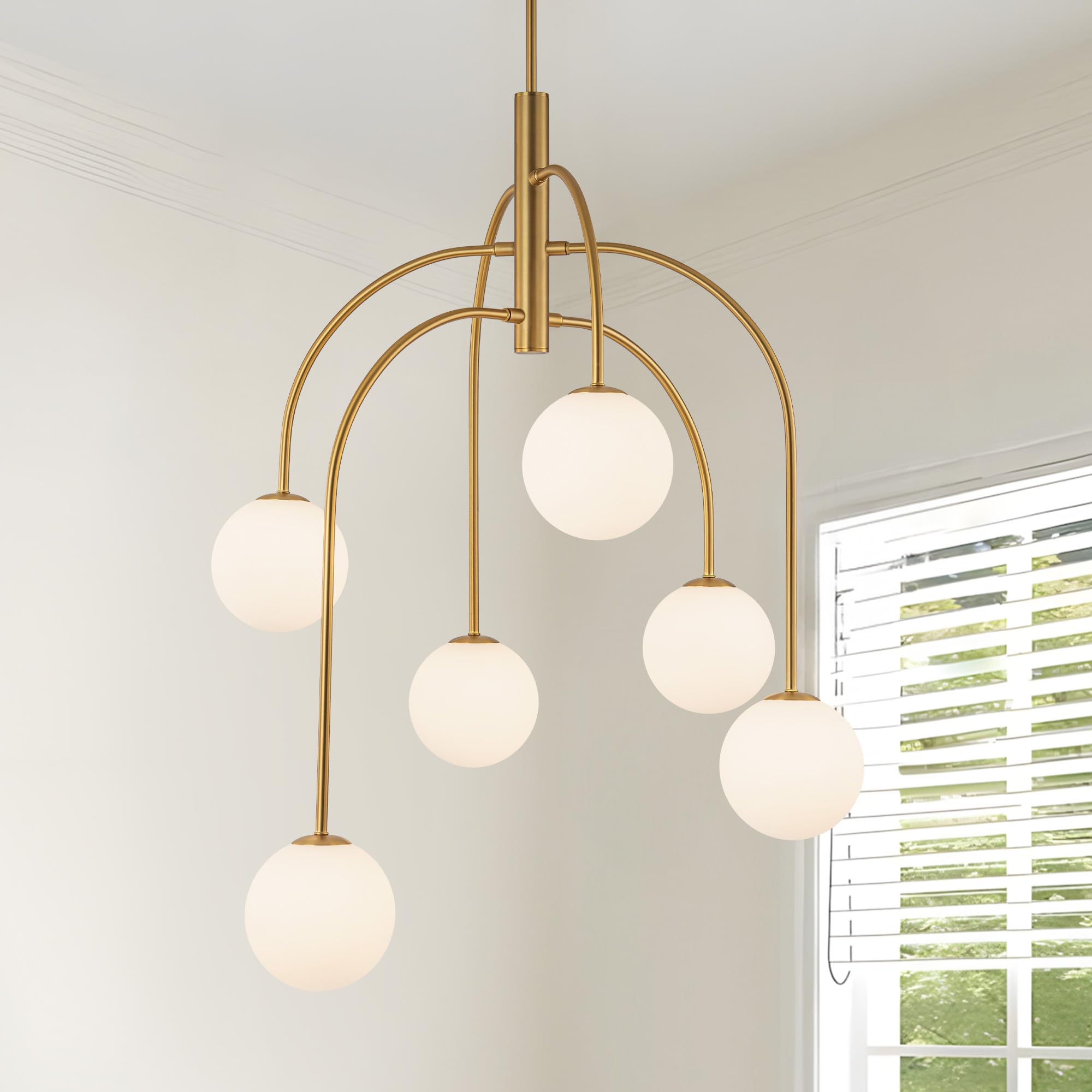 LamQee 6 Lights Mid Century Modern Chandelier  Milk Glass Globe Chandelier Light Fixture with Gold Metal & White Ball  Large Pendant Lighting Ceiling Hanging for Dining Room Kitchen Island Entryway