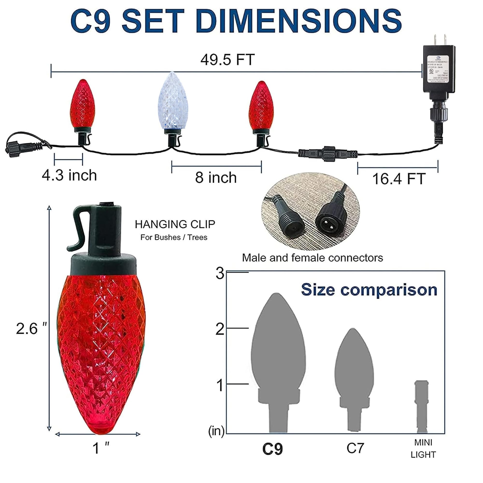 Dazzle Bright C9 Christmas String Lights, 100 Led Waterproof Red & White Fairy Lights, 66 Ft