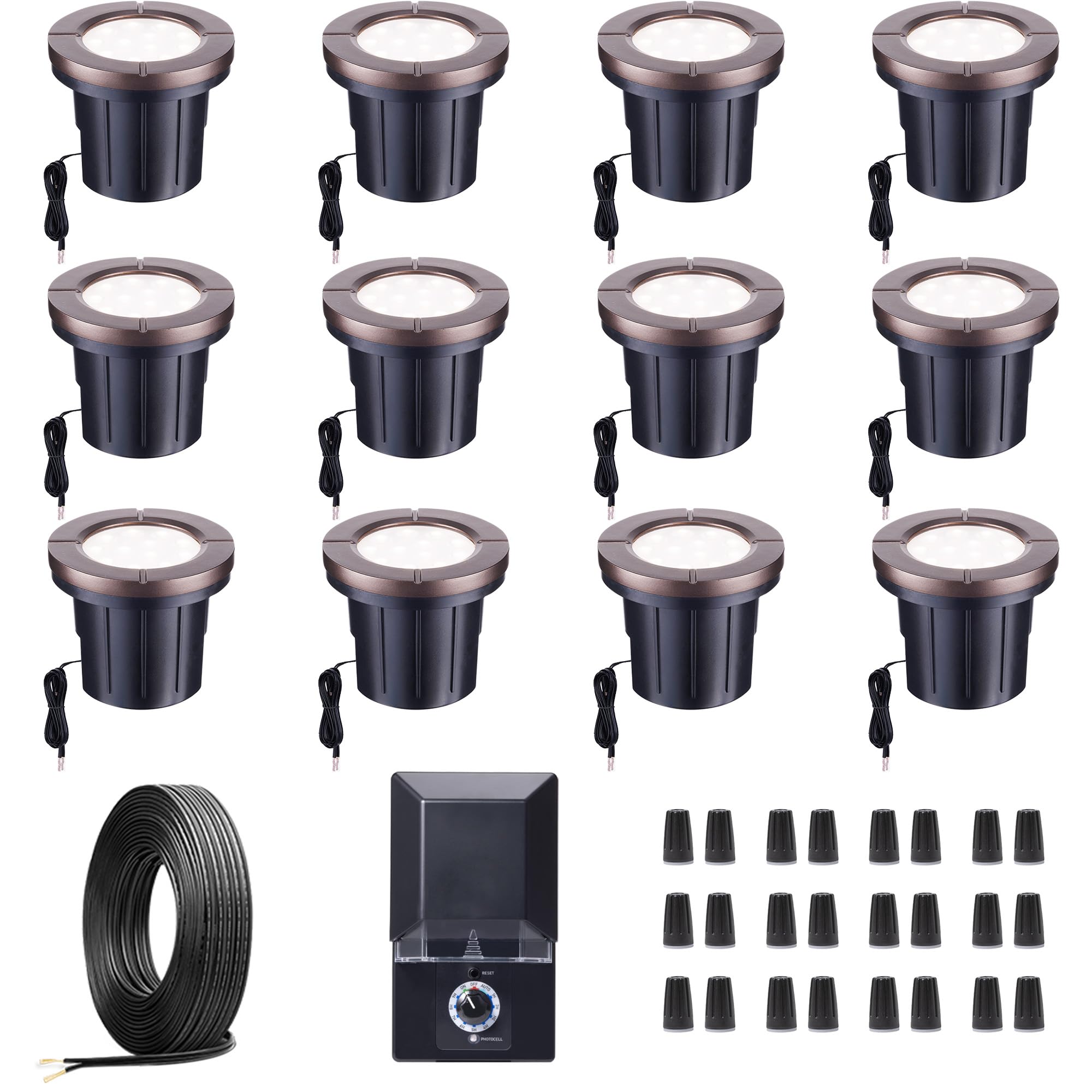 Varmtalys Ground Well Lights Kit, 12 Pack Landscape LED Low Voltage Inground Light and 200W Transformer and 250FT Cable and 40 W
