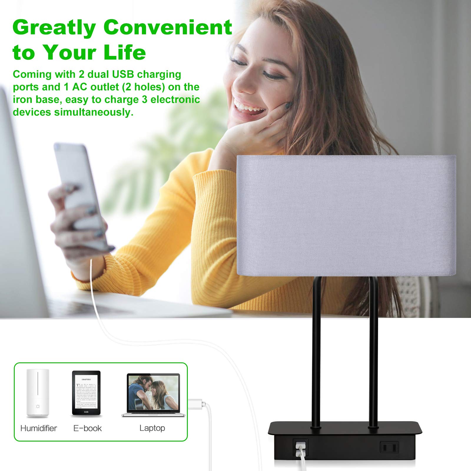 Bedside Touch Control Table Lamp With Dual Usb Charging Ports 1 Ac Outlet, 3 Way Dimmable Modern Nightstand Lamp With Grey Fabri