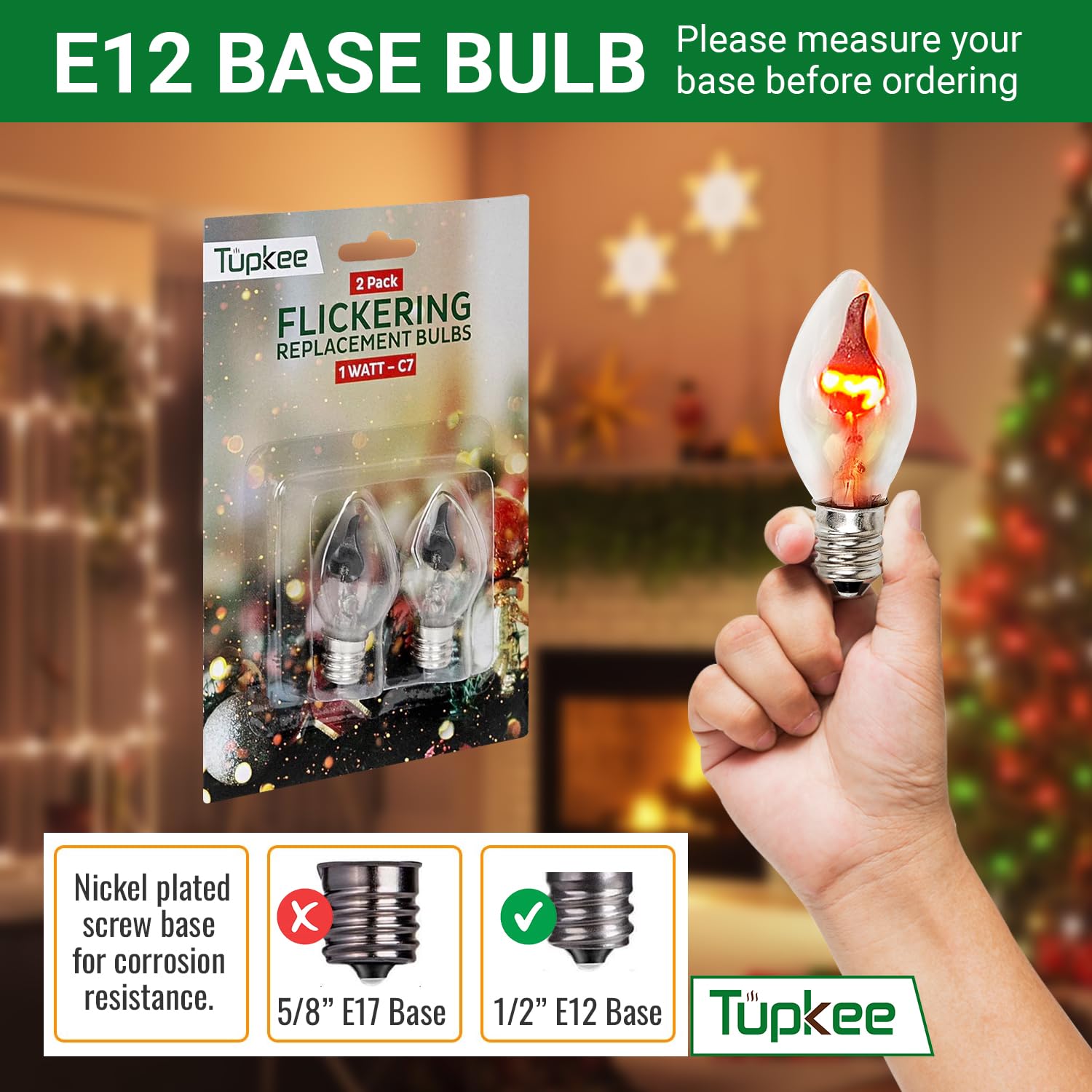 Tupkee C7 Flickering Flame Bulb, 1W Orange Glow, E12 Base Replacement, 2-Pack for Halloween & Christmas Candolier Window Candle
