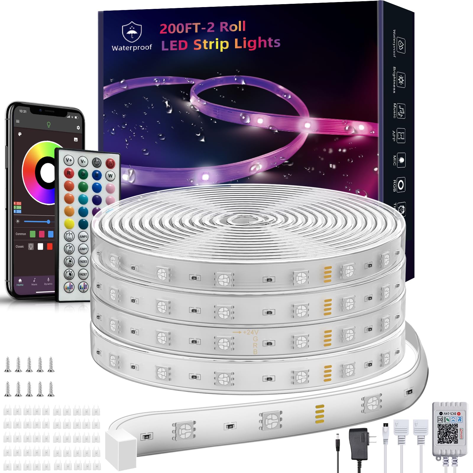 Ledagic Outdoor Led Strip Lights Waterproof 200ft (2 Rolls), Ip65 Outside Led Light Strip Waterproof with Remote and App Control