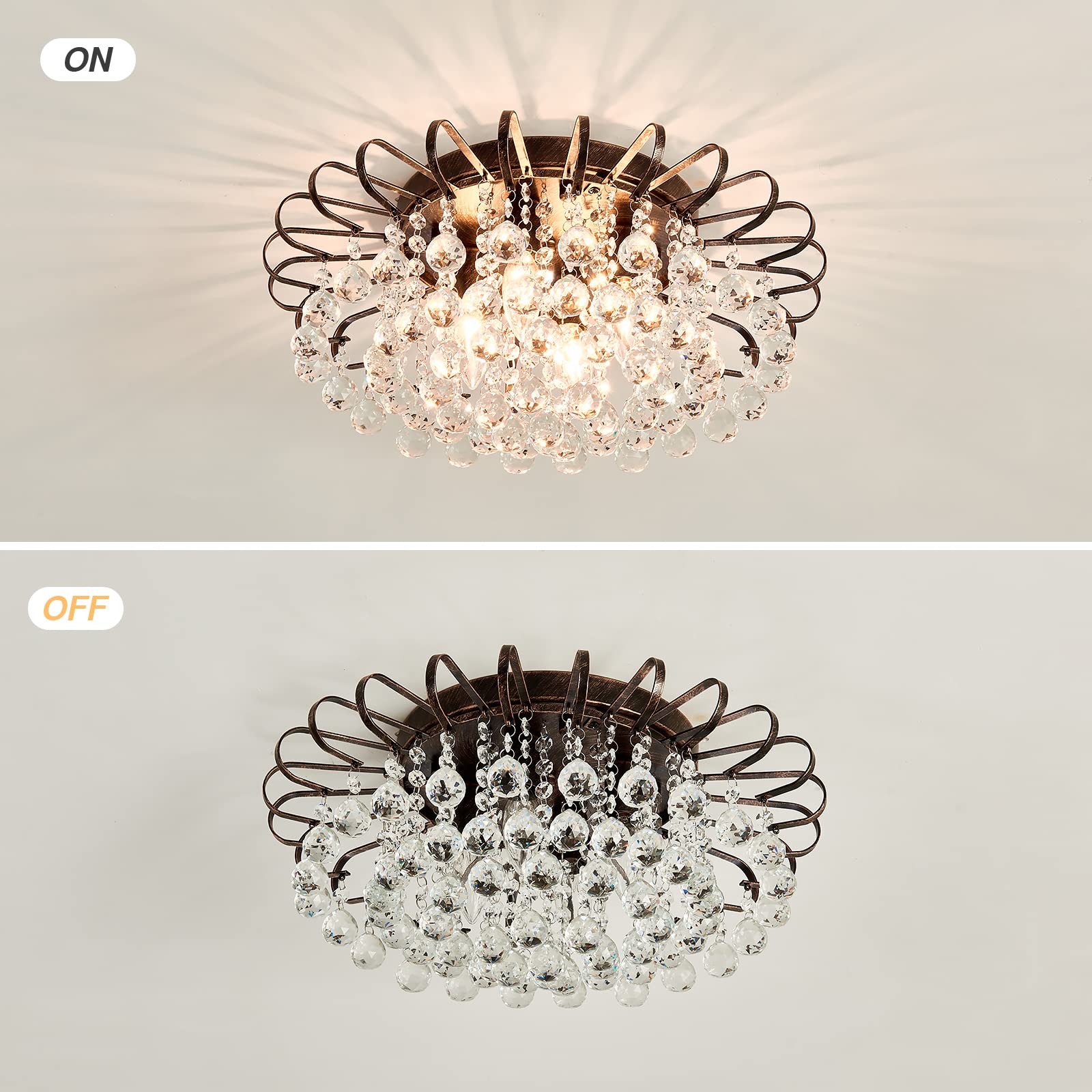 Cvkash 4-Light Crystal Floral Chandelier Modern Bronze Flush Mount Raindrop Crystal Ceiling Lighting Fixture Farmhouse Chandelie