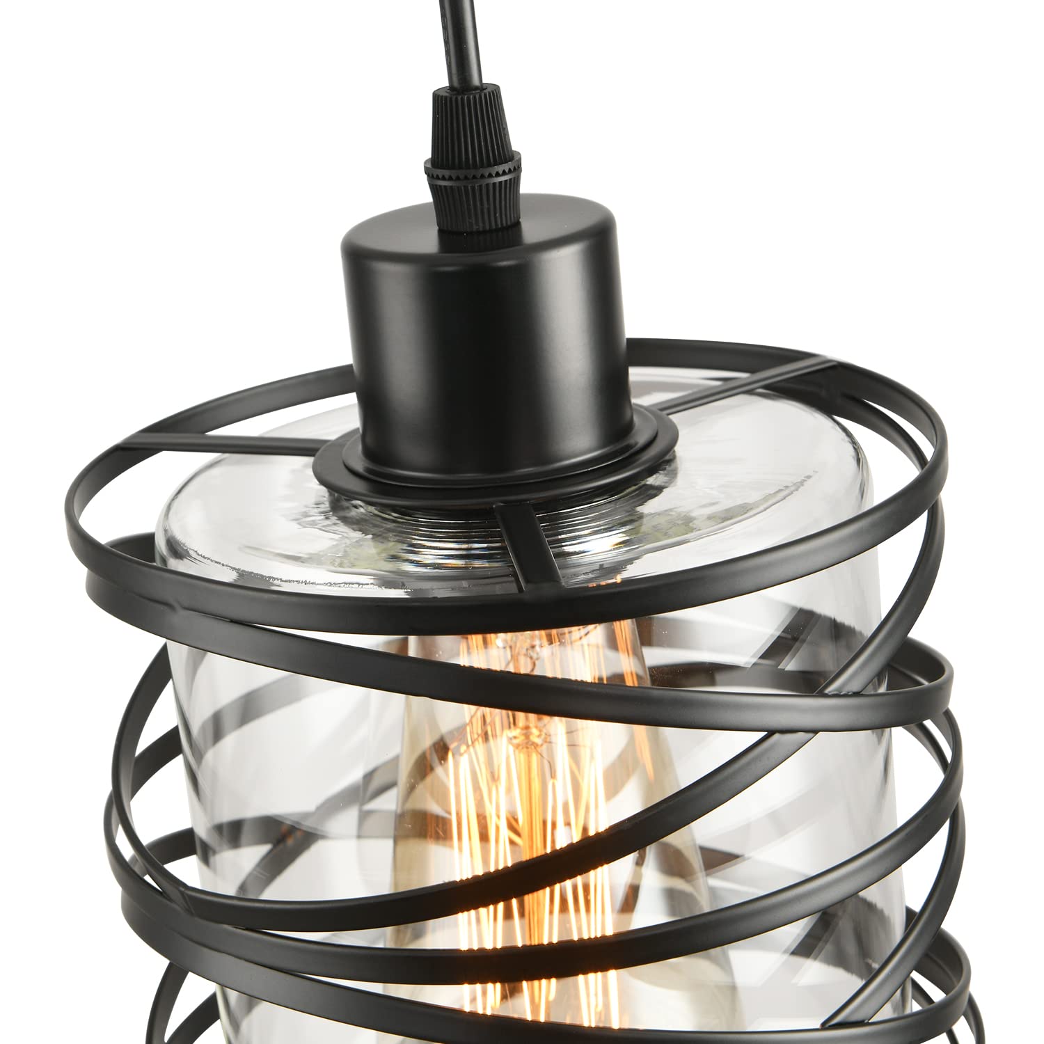 IHENGYANLT Black Spiral Cage Pendant Lights, 2 Pack, Clear Glass Shade, Ideal for Kitchen Island, Dining Table, Model PM1715-2