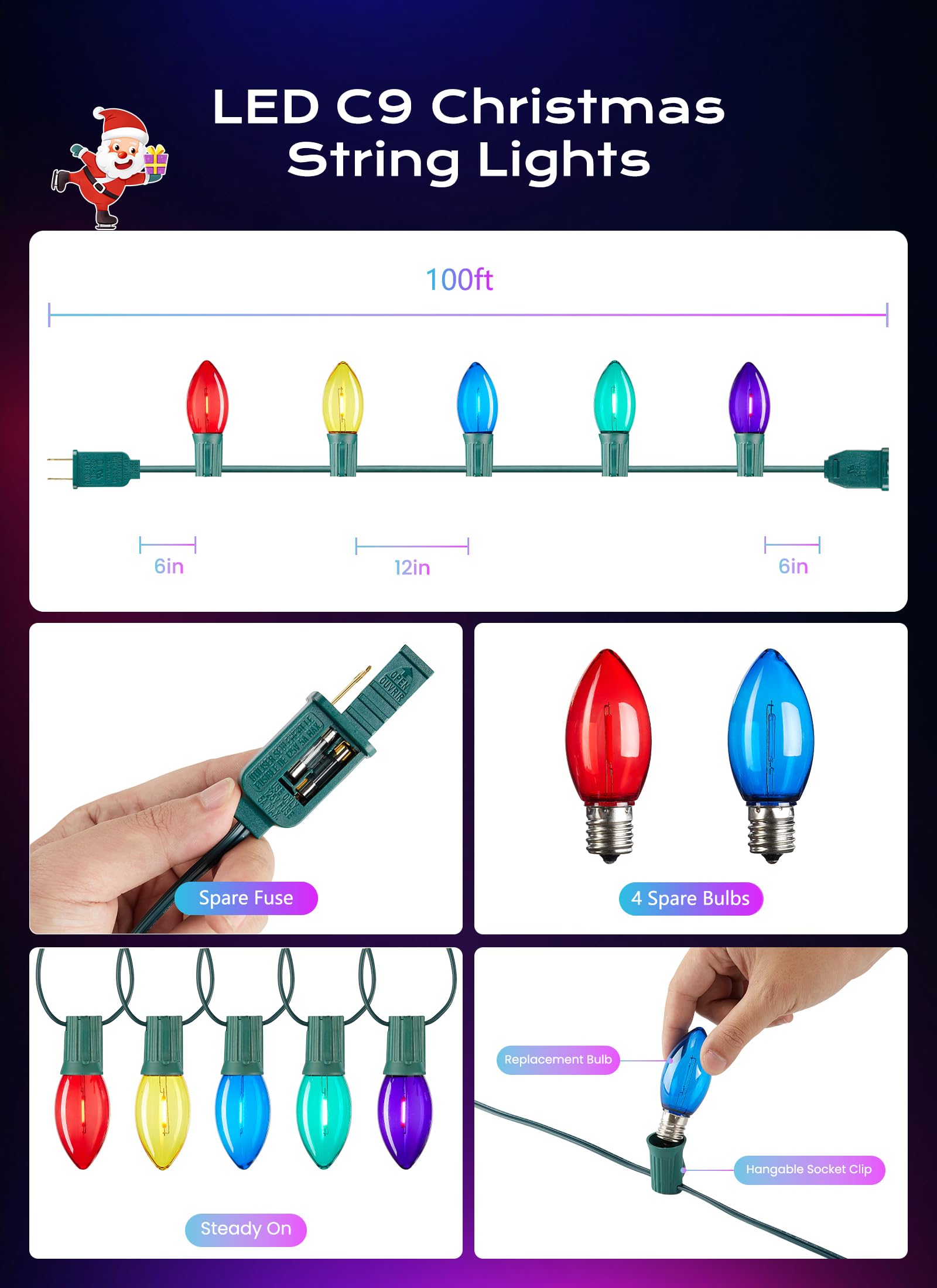 C9 Led Christmas Lights Outdoor  100 Ft 100 Colored Bulbs Vintage C9 Connectable String Lights For Christmas Tree Roofline Patio Garden Backyard Holiday Party Indoor Outdoor Decoration  Green Wire