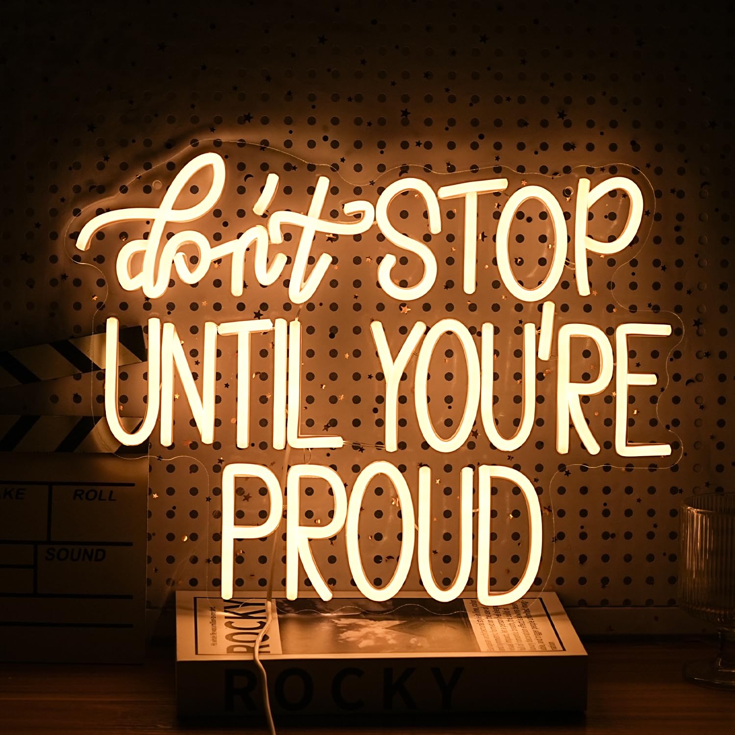 GNVETZLL Neon Sign - Dont Stop Until You Are Proud, Warm White LED Light, Dimmable, USB Powered, 16.5in x 12.6in