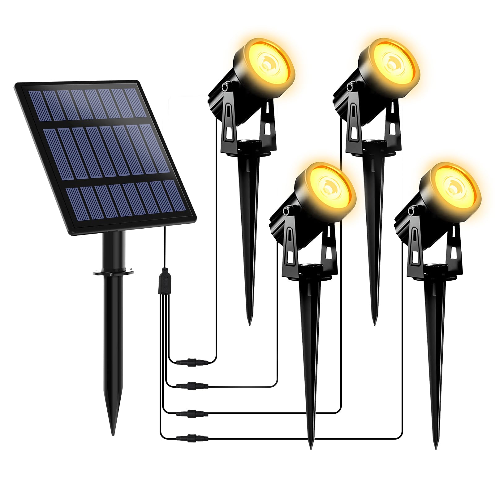 T-SUNUS Solar Garden Spotlight, 4-in-1, IP65 Waterproof, 5W Solar Panel, Auto On/Off, Warm White 3000K, Yellow