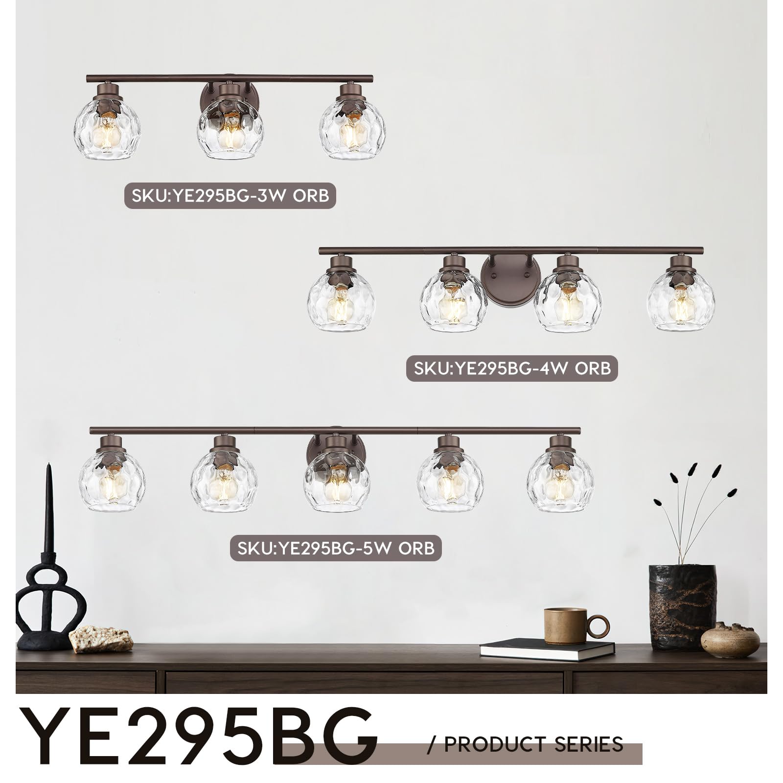 Emliviar 3-Light Bathroom Vanity Light, Water Ripple Globe Glass, Oil Rubbed Bronze Finish, Model YE295B, 25 Inch