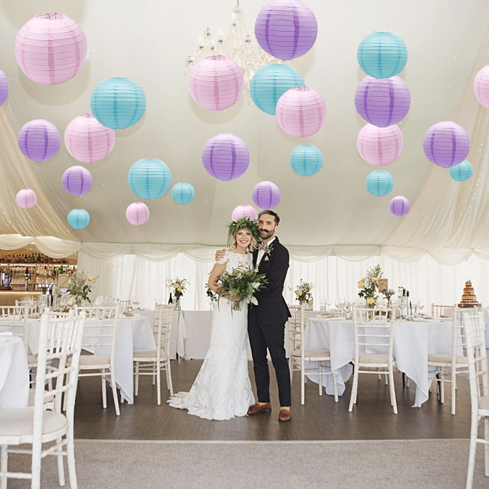 Paper Lanterns Party Decorations, Pink Purple Blue Round Hanging Lantern For Mermaid Theme Girl Birthday Party Wedding Baby Show