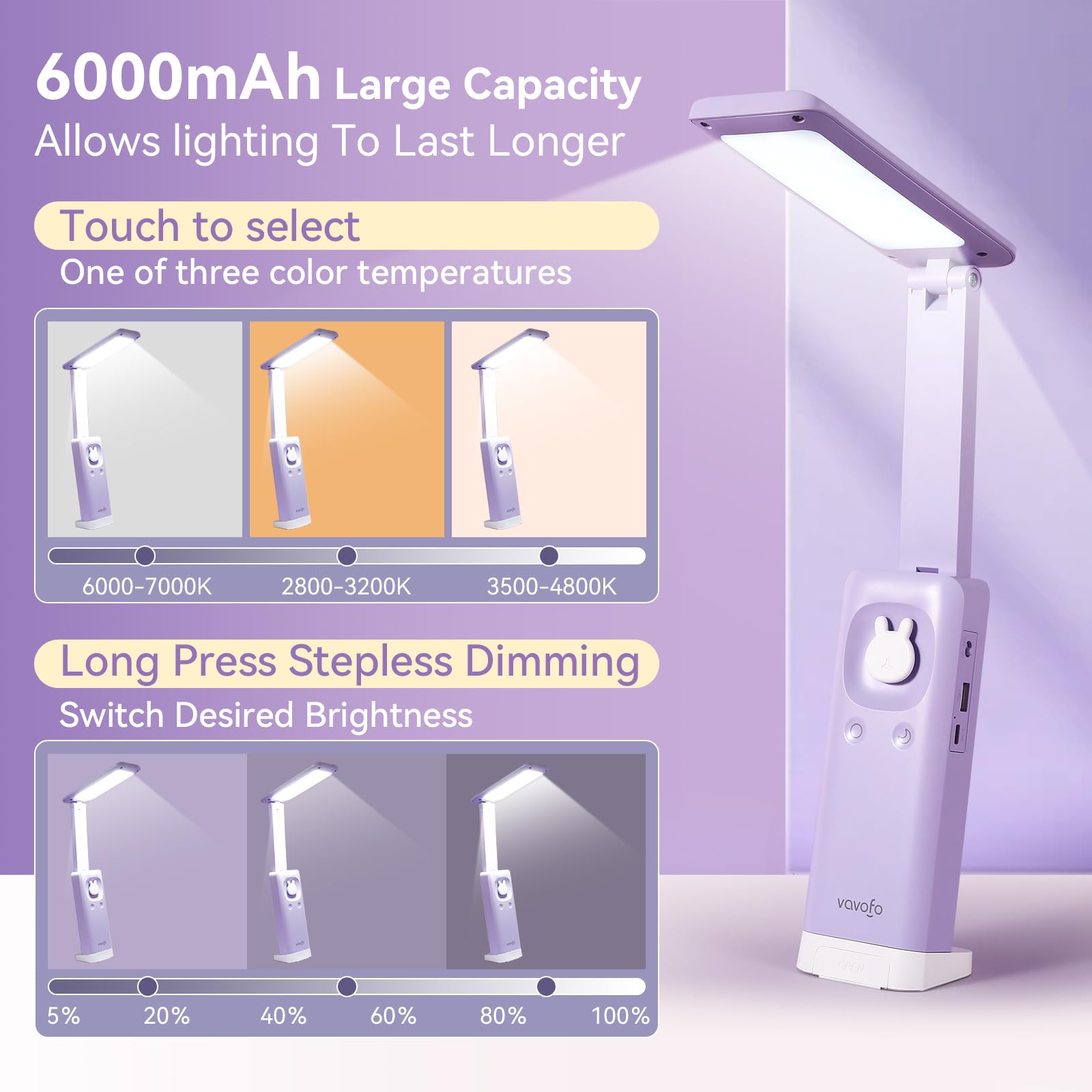 VAVOFO Rechargeable Foldable Lamp, 15 Dimming Modes, 6000mAh Battery, Portable, Plastic, Purple, Model KM-6779A