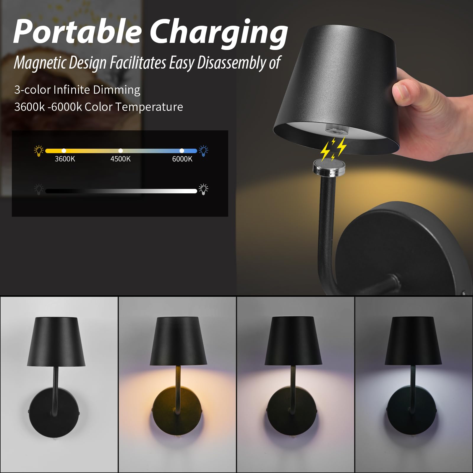 IMQSQIK LED Wireless Wall Lamp Set of 2, Rechargeable, Touch Control, Black, Model RQ-14-2Pack