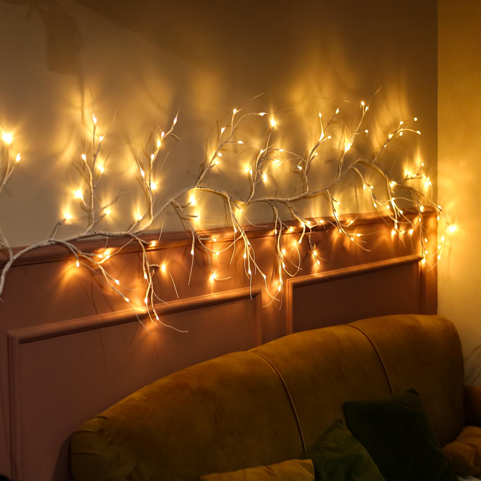 Rivokeer Lighted Birch Garland With Timer 120 Led, 9Ft Birch Garland With Lights Remote Control, Pre-Lit Twig Vine Lights Plug In For Christmas Fireplace Home Wall Decoration Indoor Outdoor