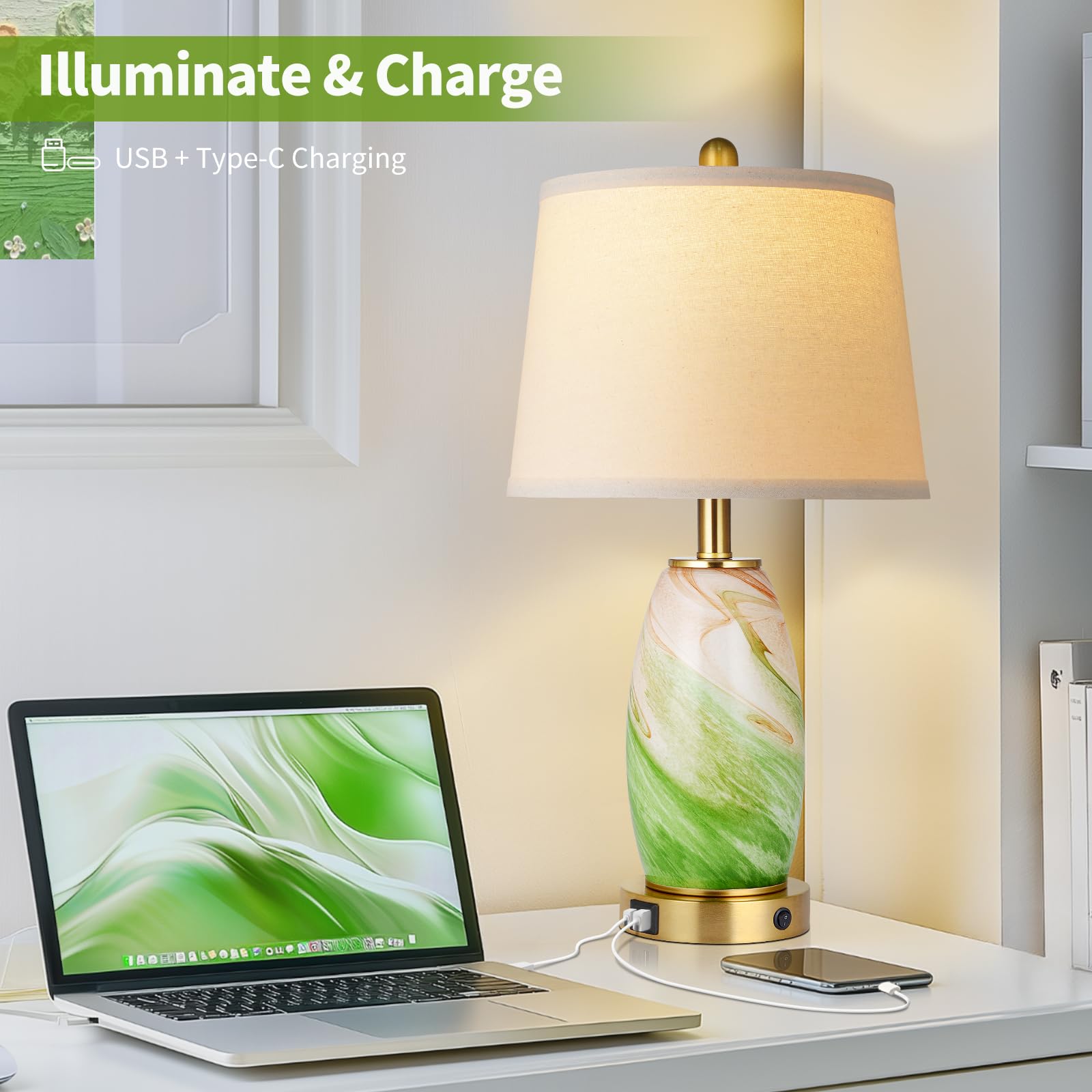 Lovlast Green Lamps Set Of 2 For Bedroom & Bedside With 3-Way Lighting Modes & Usb C+A - Modern Style Glass Nightstand Table Lam