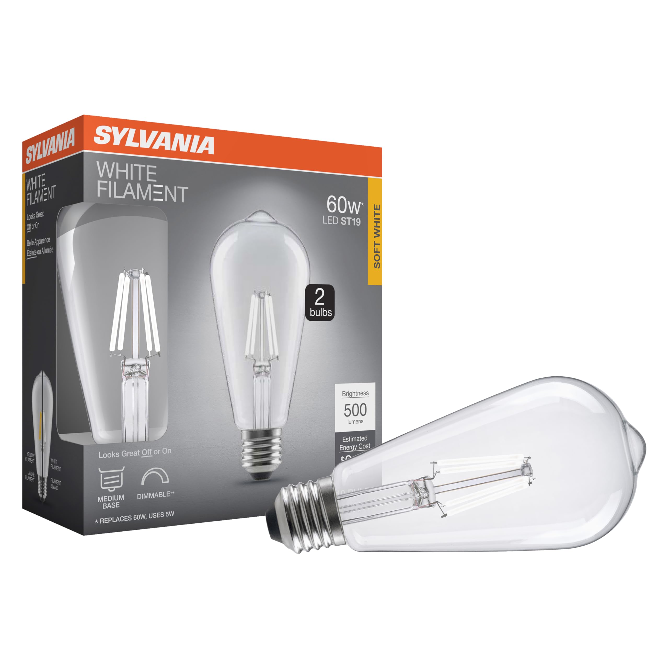 Sylvania St19 Clear Led White Filament Bulb, 5W, Dimmable, 500 Lms, Medium Base, 2700K, Soft White - 2 Pack (42174)