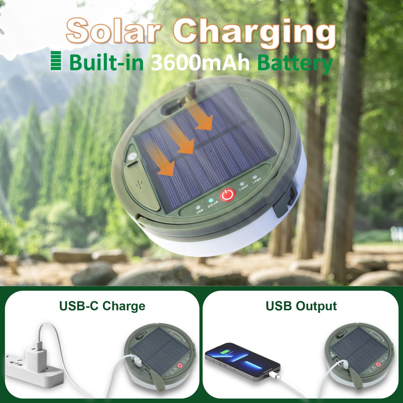 MDCMLKS Solar Camping String Lights, 39.4FT, Waterproof, 8 Lighting Modes, USB Rechargeable, Green, Model SCSL-1