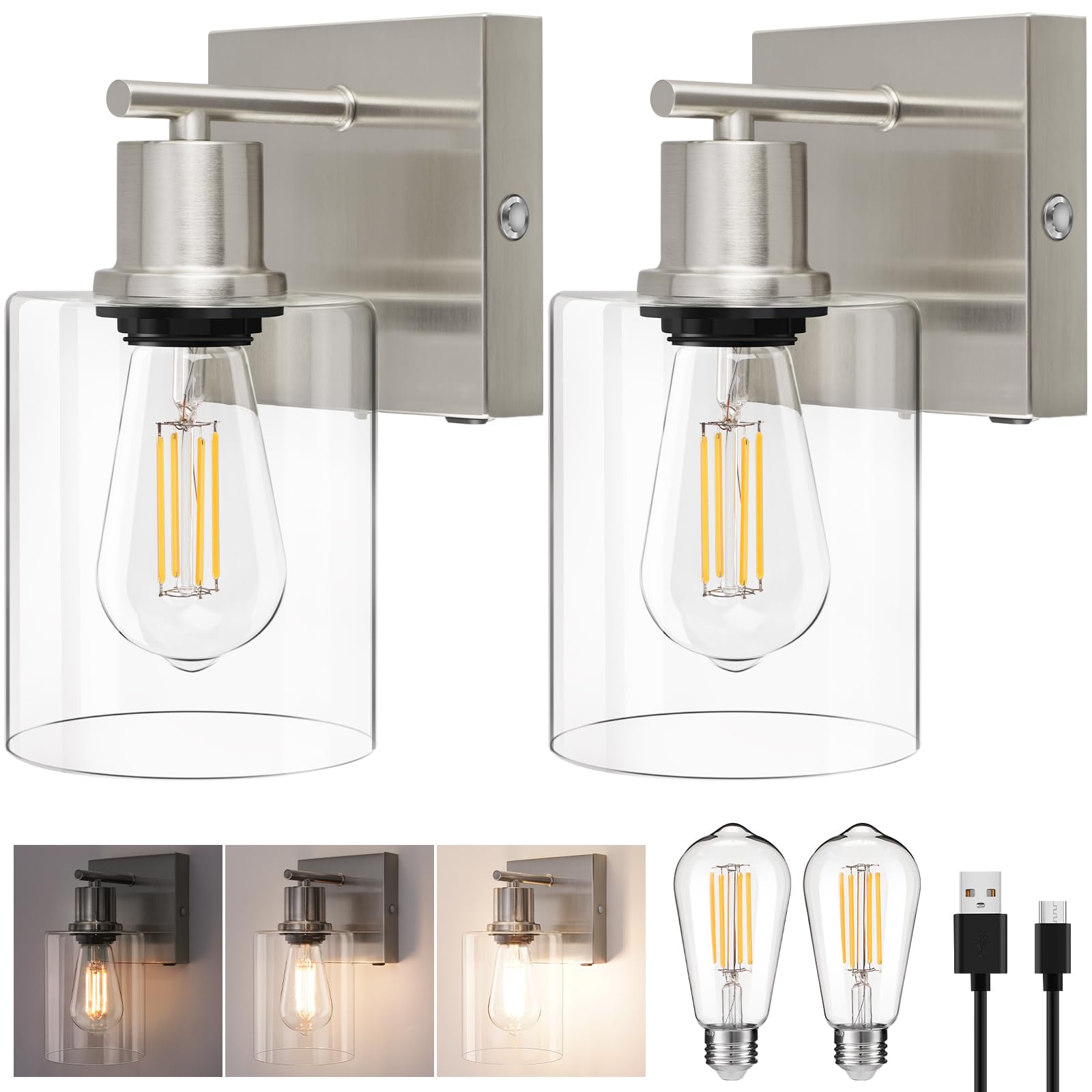 Battery Operated Wall Sconce Set Of 2, Modern Brushed Nickel Wireless Rechargeable Wall Mounted Lamp With Bulbs, Dimmable Indoor