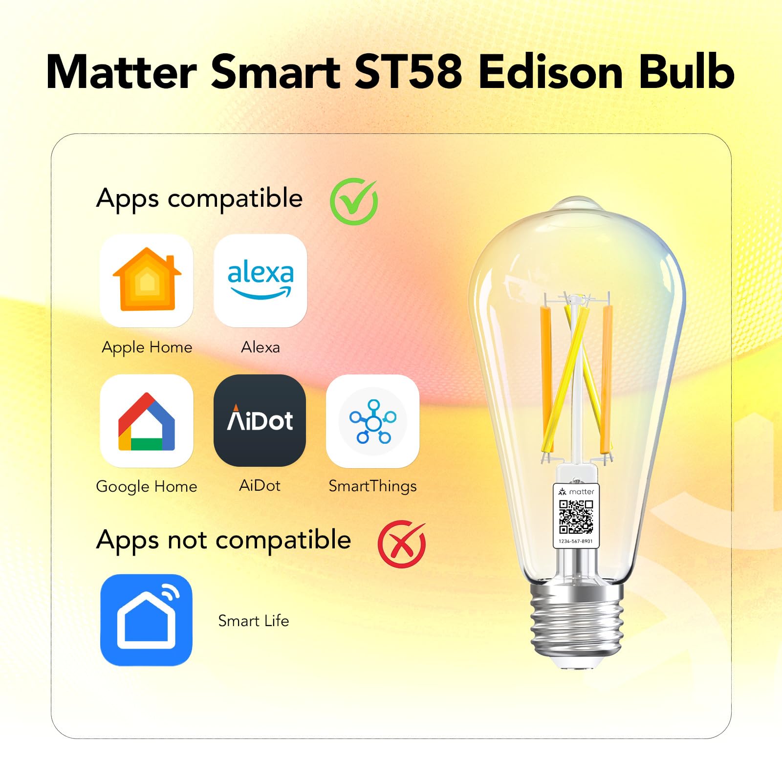 Orein Matter Smart Light Bulb, St19(58) Smart Edison Bulbs With Remote Control Work With Apple Home, Alexa, Google Home, Smartth