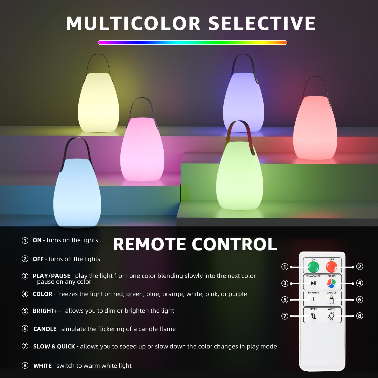 Uuffoo Portable Outdoor Table Lamp - Dimmable Rechargeable Night Lights W/Remote And 7 Rgb Colors, Ip44 Water-Resistant Hanging