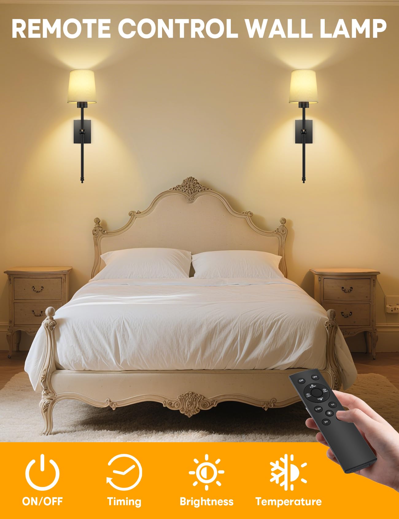 TOOWELL Battery Operated Wall Sconce Set of 2, Dimmable LED, Black, 8000mAh, Wireless Remote, Ideal for Home Decor