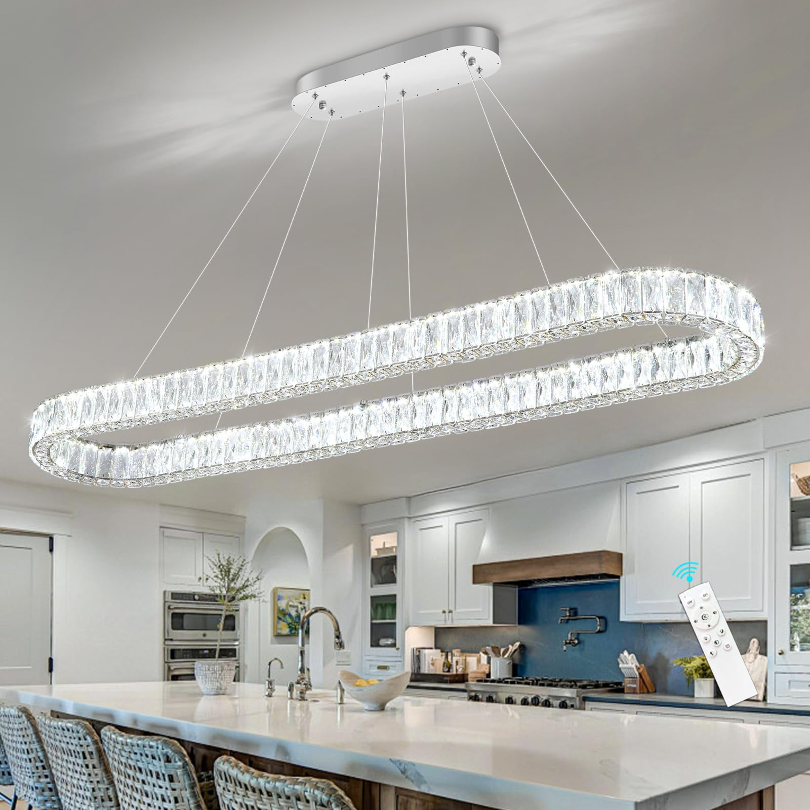 HAIXIANG Crystal 59 Inch Long Chandelier Modern Dimmable LED Chandeliers for Dining Table Pendant Lights Rectangular Glam Lighti