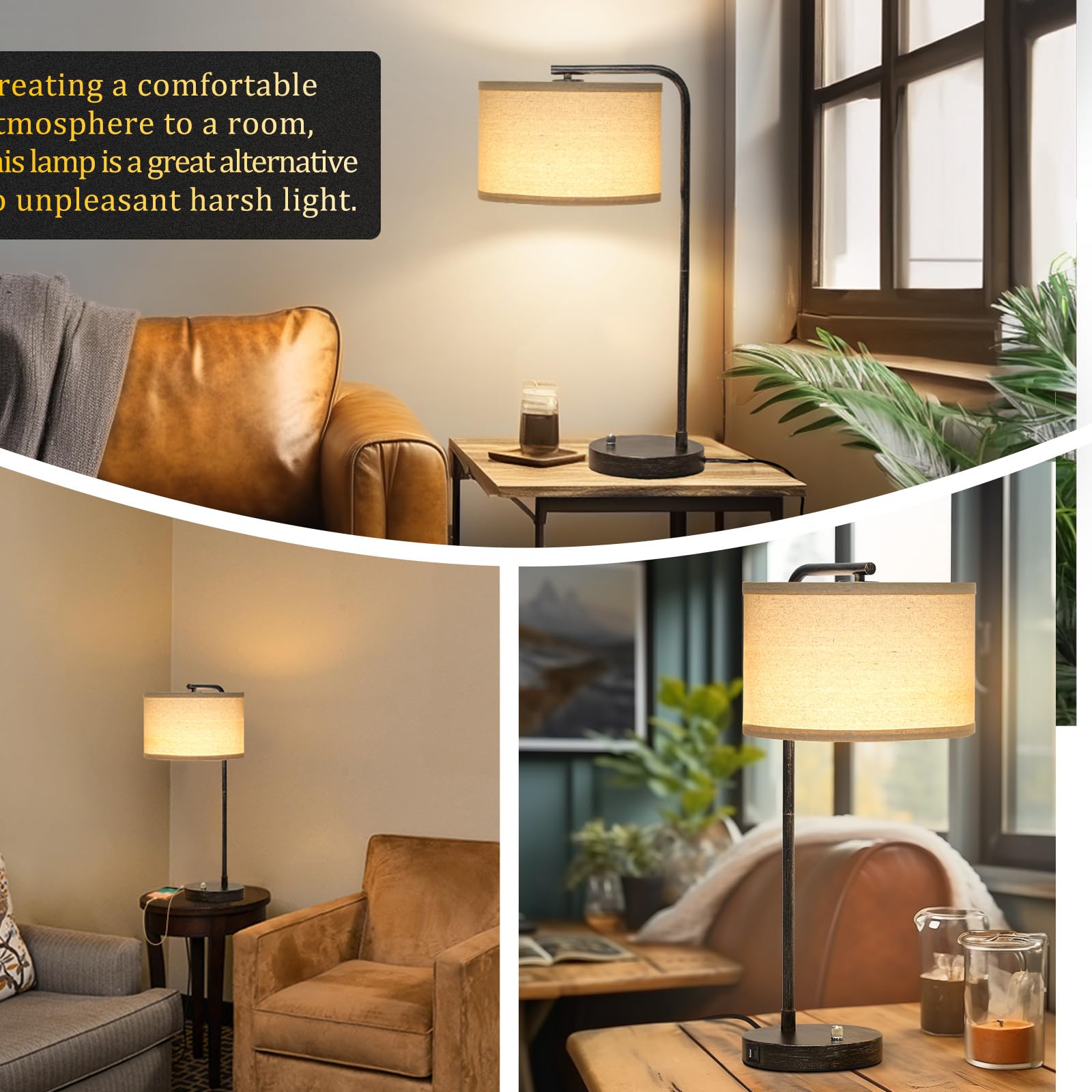 Bedside Table Lamp With Usb C+A Charging Ports, Fully Dimmable Industrial Tall Nightstand Reading Desk Lamp For Bedroom, Living