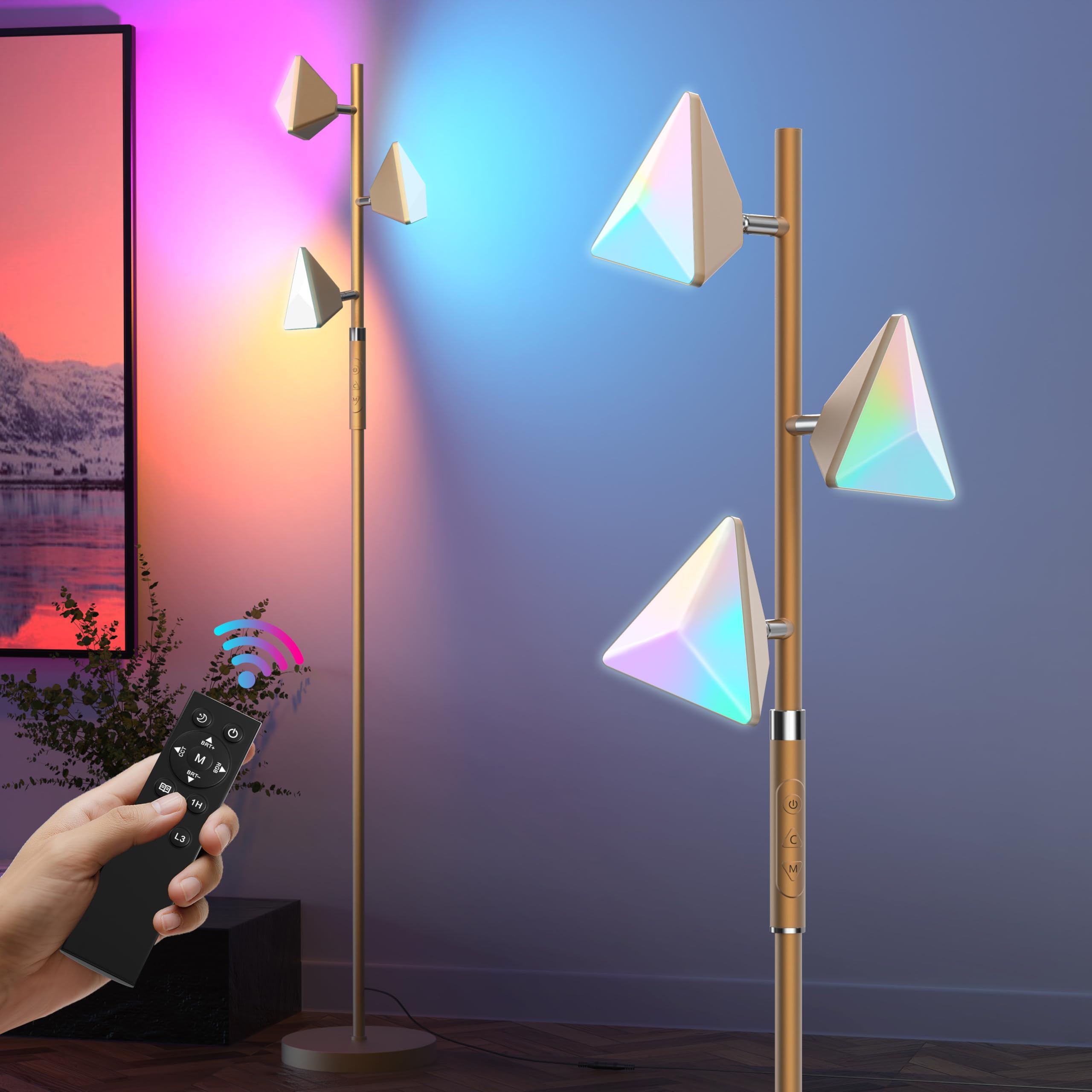PARTPHONER RGB Tree Floor Lamp for Living Room, Stepless Dimmable Tall Standing Lamp with Remote, Touch Control and 3 Rotatable