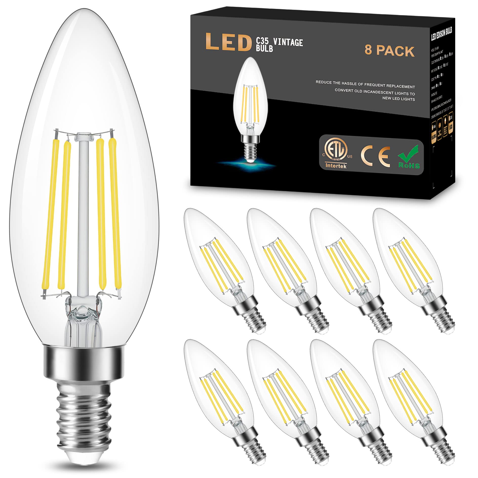 Cotanic Dimmable LED Candelabra Bulb with E12 Small Base, C35 Ceiling Fan Light Bulbs, 5000K, 4W, 60W Equivalent, 600LM, 8 Pack, Vintage Candle Lightbulb for Chandelier, Sconce, Porch Lights
