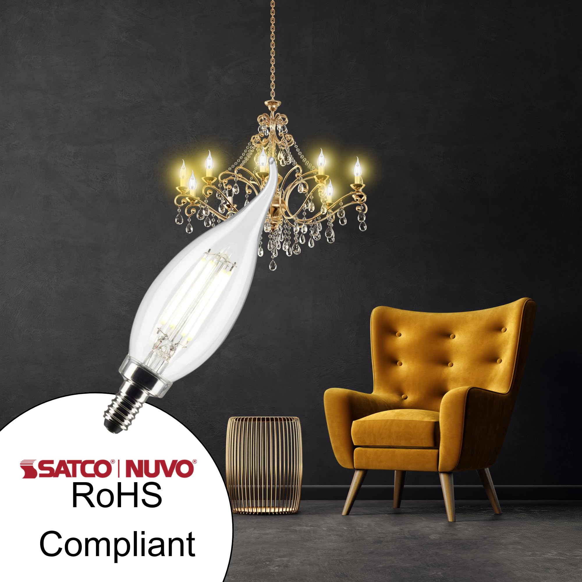 Satco 5.5Ca10/Led/930/Cl/120V/E12 - Part Number S21305-5.5 Watt Led Candelabra Bulb With Clear Finish, 90 Cri, 3000K Soft White,