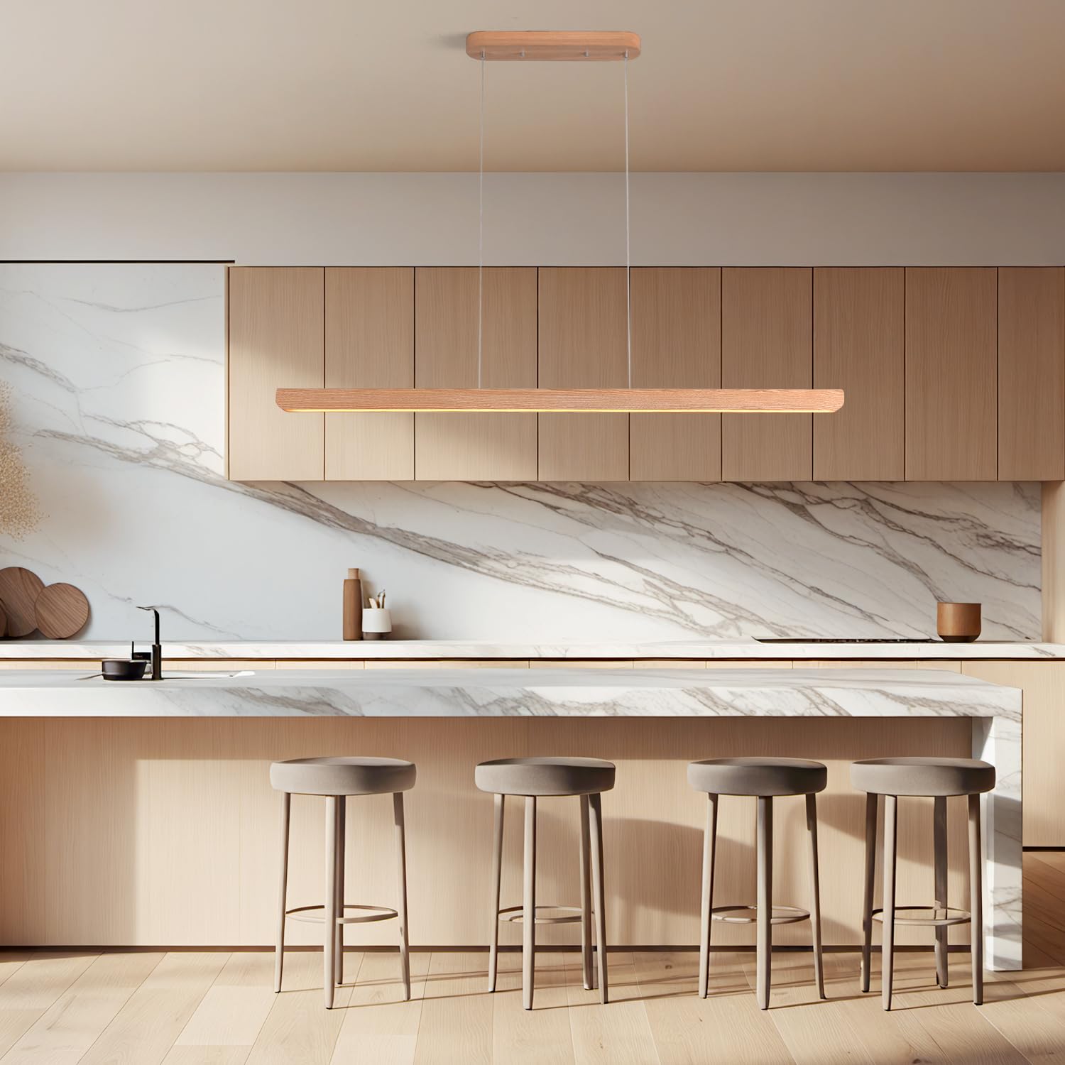 Yisdesign 47Inch Wood Led Linear Pendant Light  Dimmable Wood Ceiling Lamp Minimalist Linear Chandelier  36W Warm Light 3000K  Modern Kitchen Island Dining Room Lighting Natural Adjustable Height